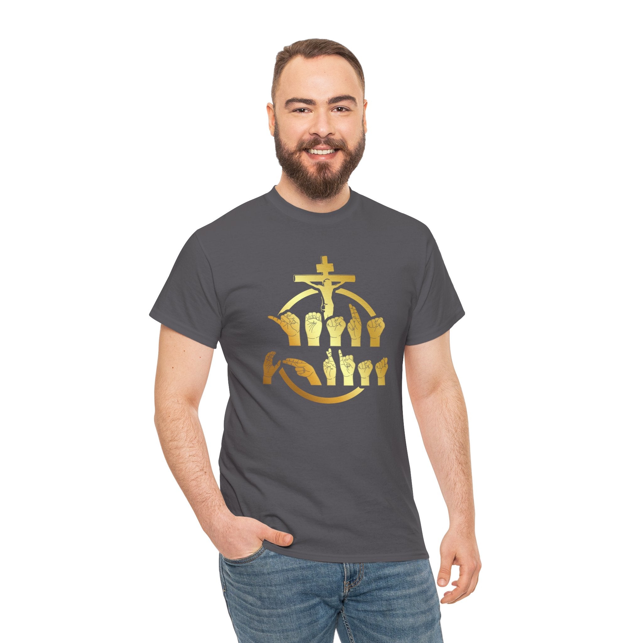 Christian Cross & Praying Hands T-Shirt — Gold Faith Design