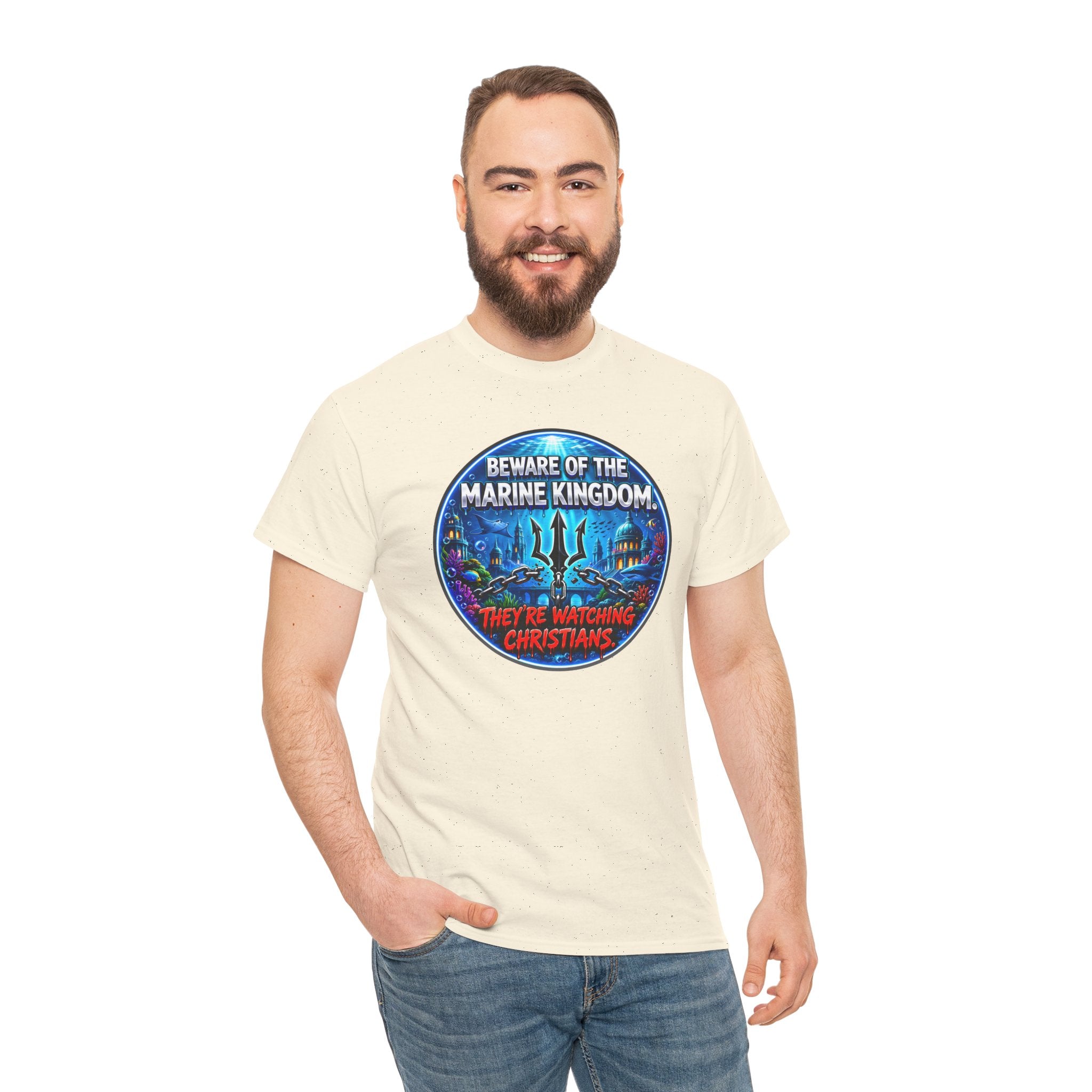 T‑Shirt — "Beware of the Marine Kingdom: They're Watching Christians" Vintage Ocean Graphic
