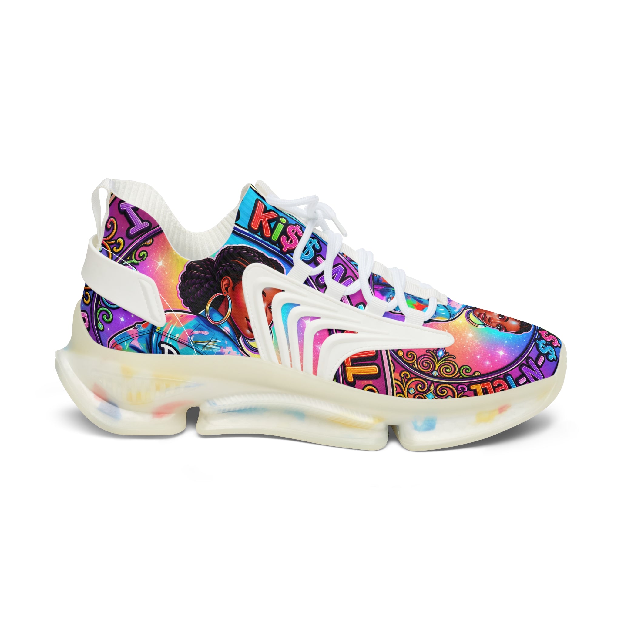 Women's Mesh Sneakers — Colorful Afrocentric Portrait Running Shoes with 'Don't Kiss' Graphic