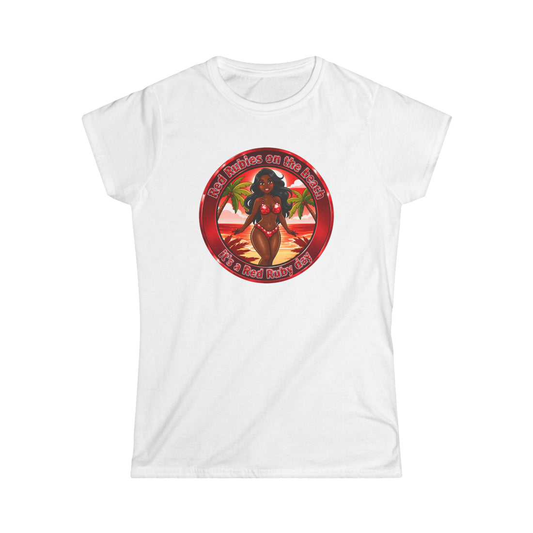 Tropical Pinup Tee — "Red Rubies On The Beach" Vintage Bikini Graphic