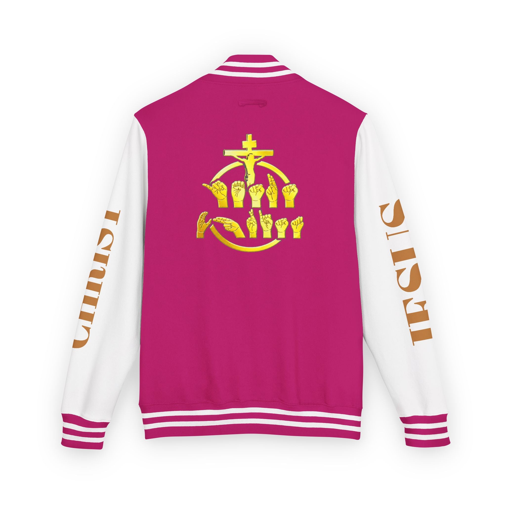 "Sign language Jesus Christ "     Christian Crown Letterman Jacket - 'Jesus Christ' Sleeve Varsity Jacket