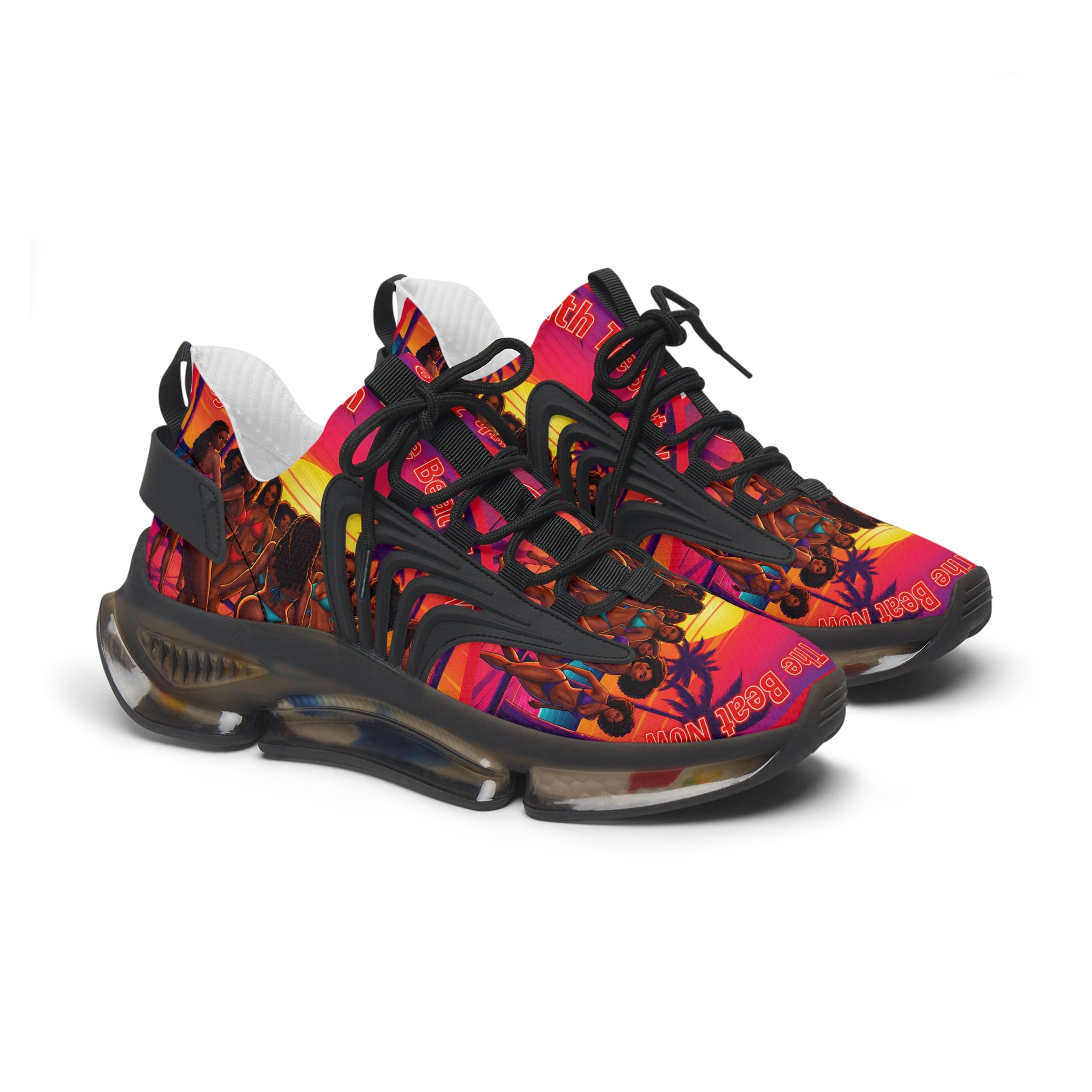 Women's Mesh Sneakers — Vibrant Sunset Beach Print Athletic Shoes