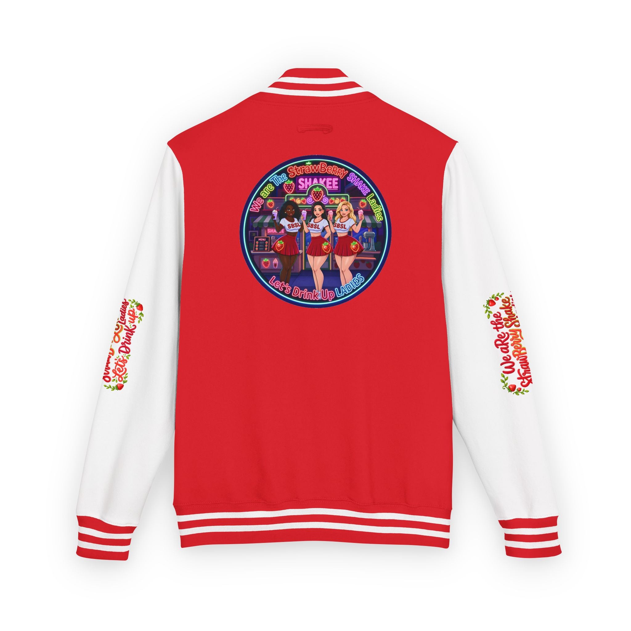 Letterman Jacket —" We Are The Strawberry Shake Ladies " Retro Shakee Cheer Graphic