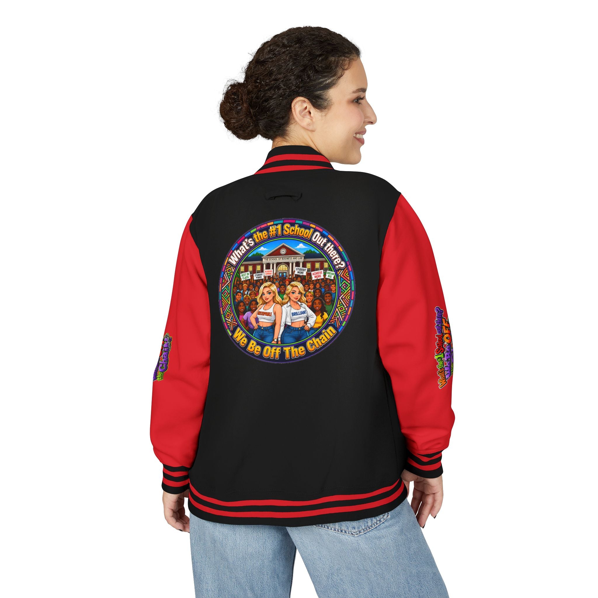 Letterman Jacket — Colorful School Spirit "We Be Off The Chain" Varsity Jacket