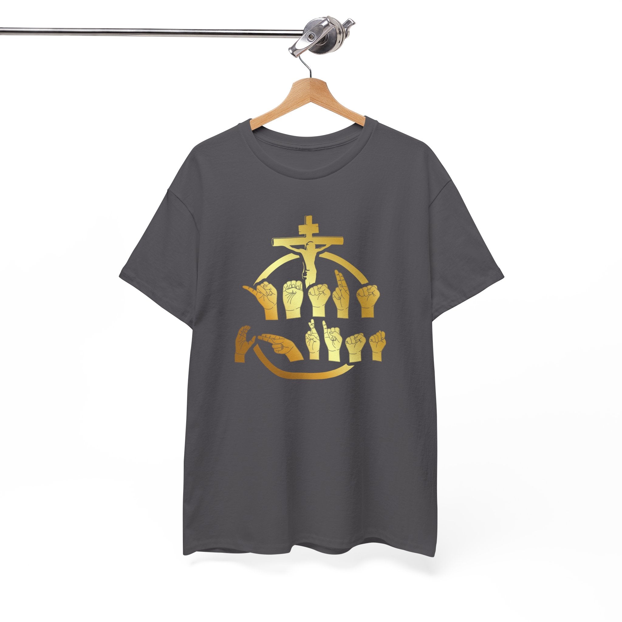 Christian Cross & Praying Hands T-Shirt — Gold Faith Design
