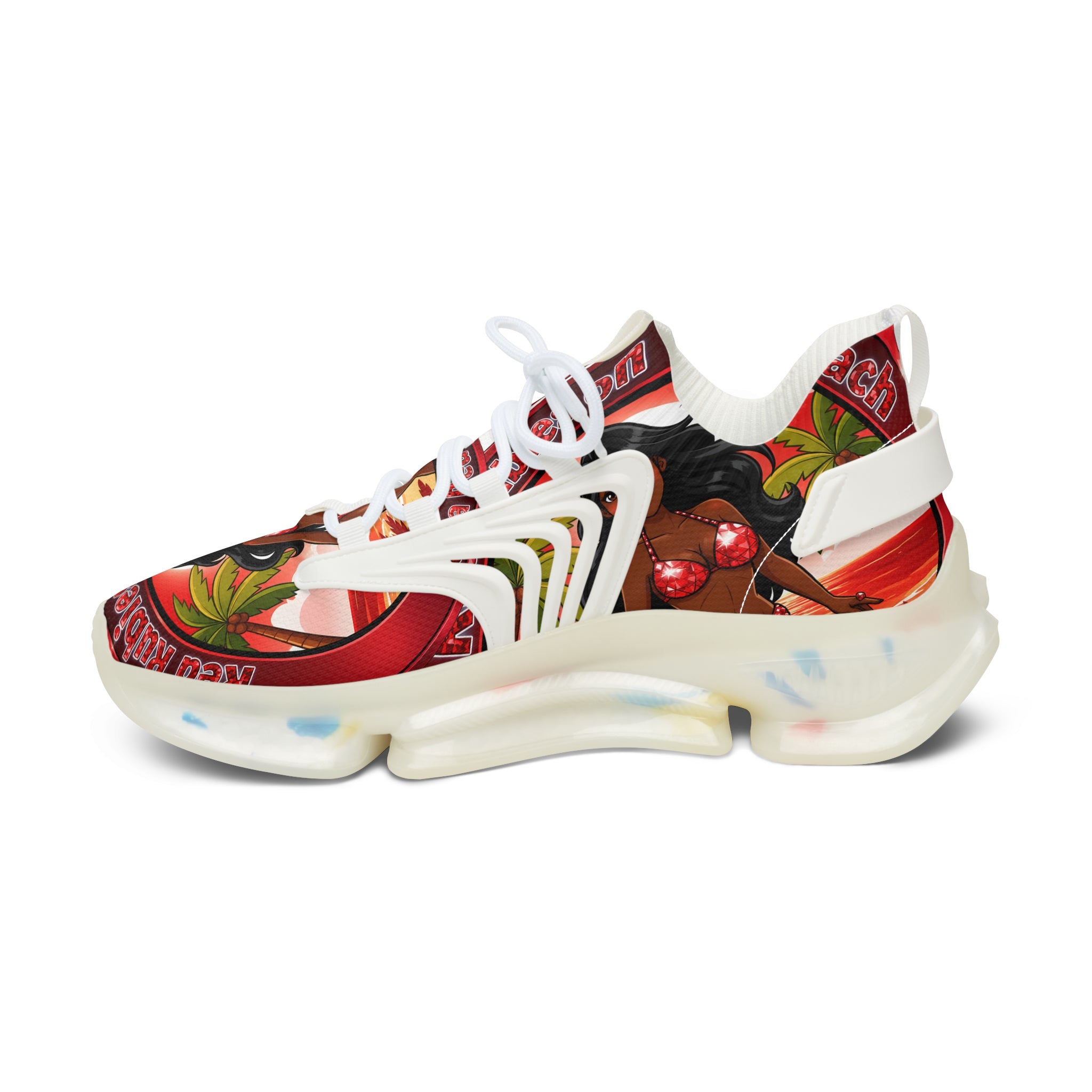 Women’s Mesh Sneakers —"Red Rubies On The Beach" Tropical Pinup Graphic Athletic Shoes