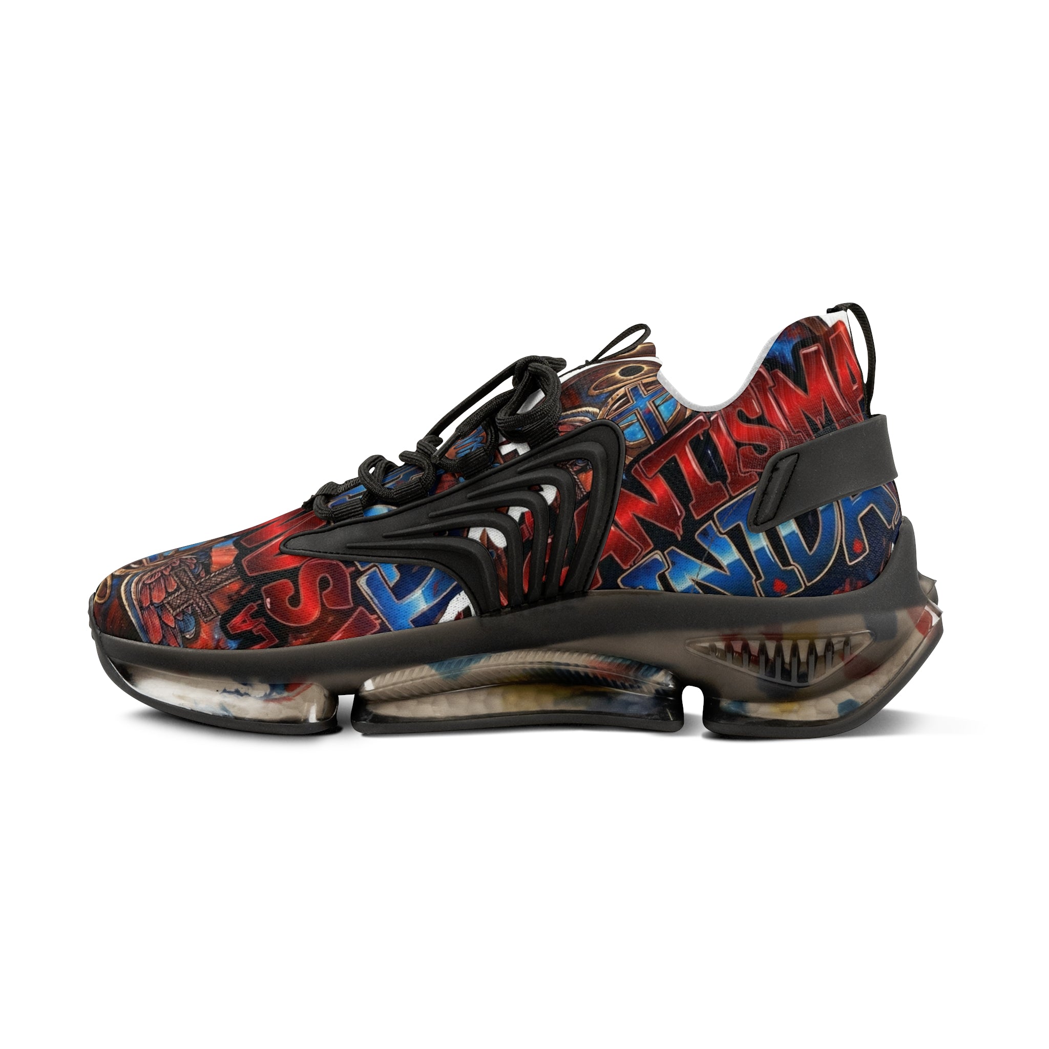 Men's Abstract Red Blue Athletic Sneakers — "La Santísima Tranidad"  Bold Pattern Mesh Running Shoes