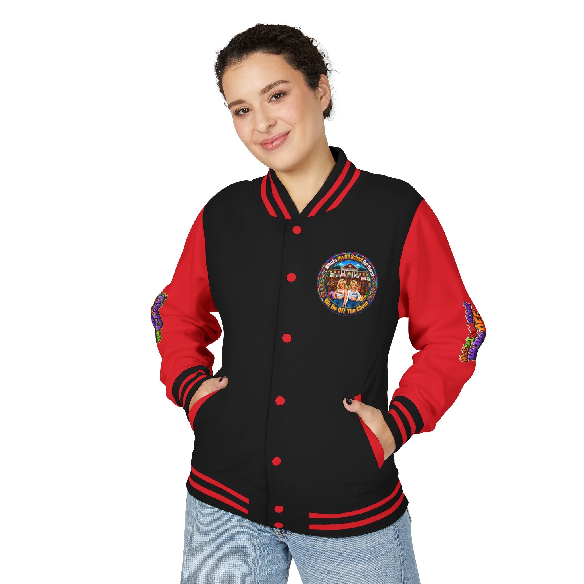 Letterman Jacket — Colorful School Spirit "We Be Off The Chain" Varsity Jacket