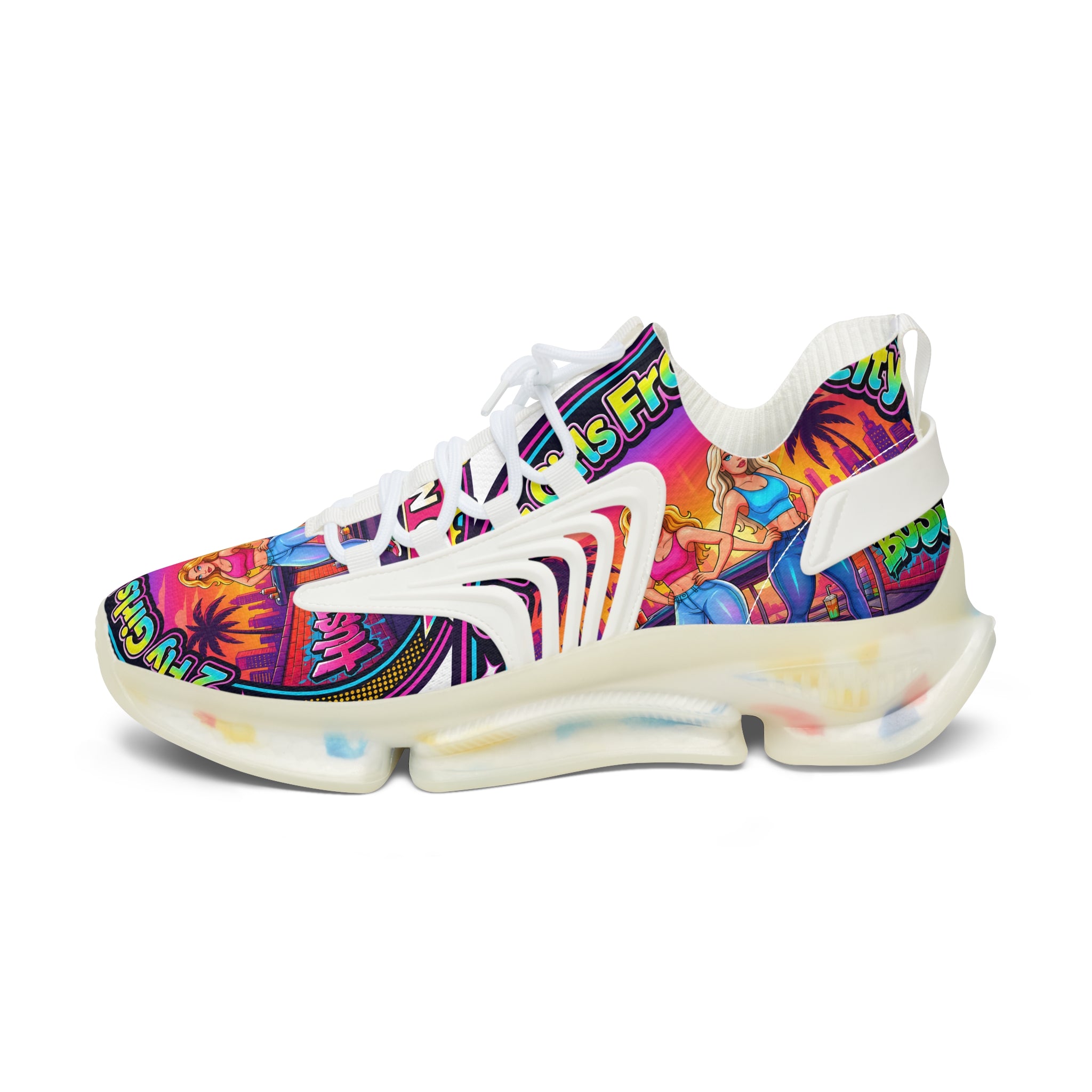 Mesh Sneakers — Colorful 'Girls From The City' Graphic Athletic Shoes