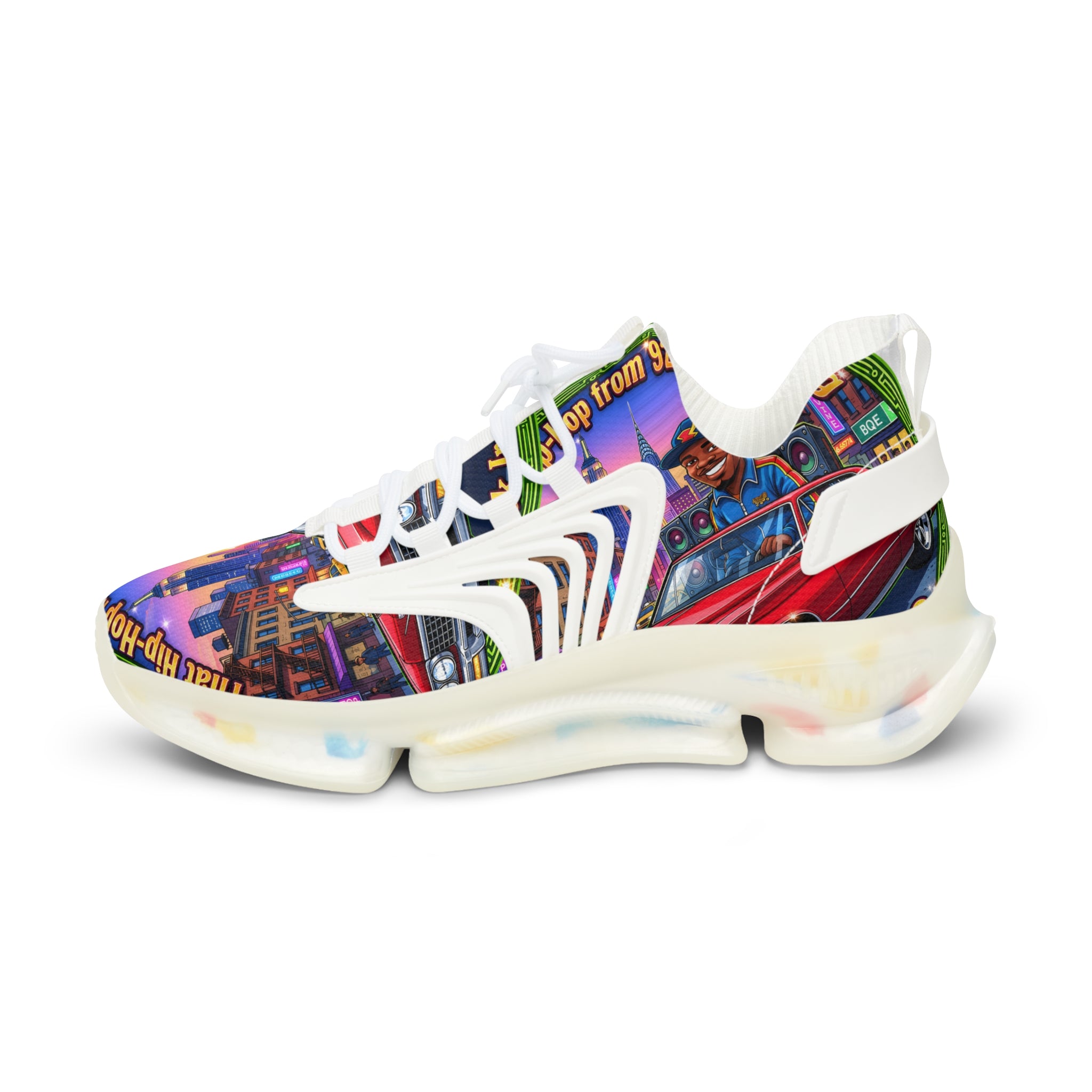 Custom Graphic Mesh Sneakers — "That Hip-hop From 92 Be Bumping" Colorful Cityscape Portrait Design