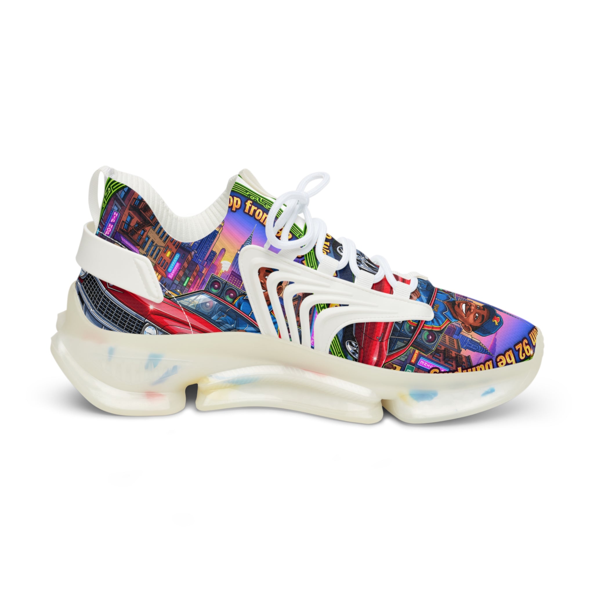 Custom Graphic Mesh Sneakers — "That Hip-hop From 92 Be Bumping" Colorful Cityscape Portrait Design