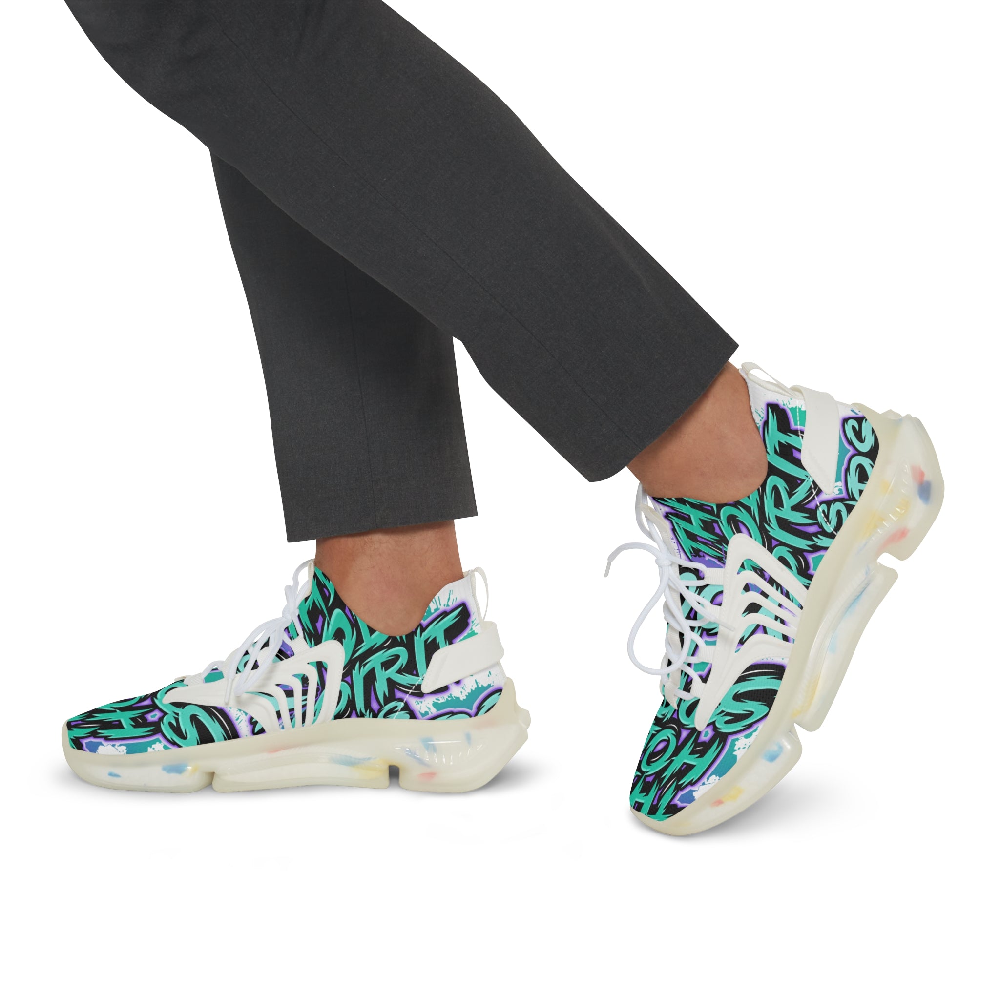 Men's Mesh Sneakers —"The Holy Spirit Is Yours'Bold Teal Graffiti Pattern Athletic Shoes
