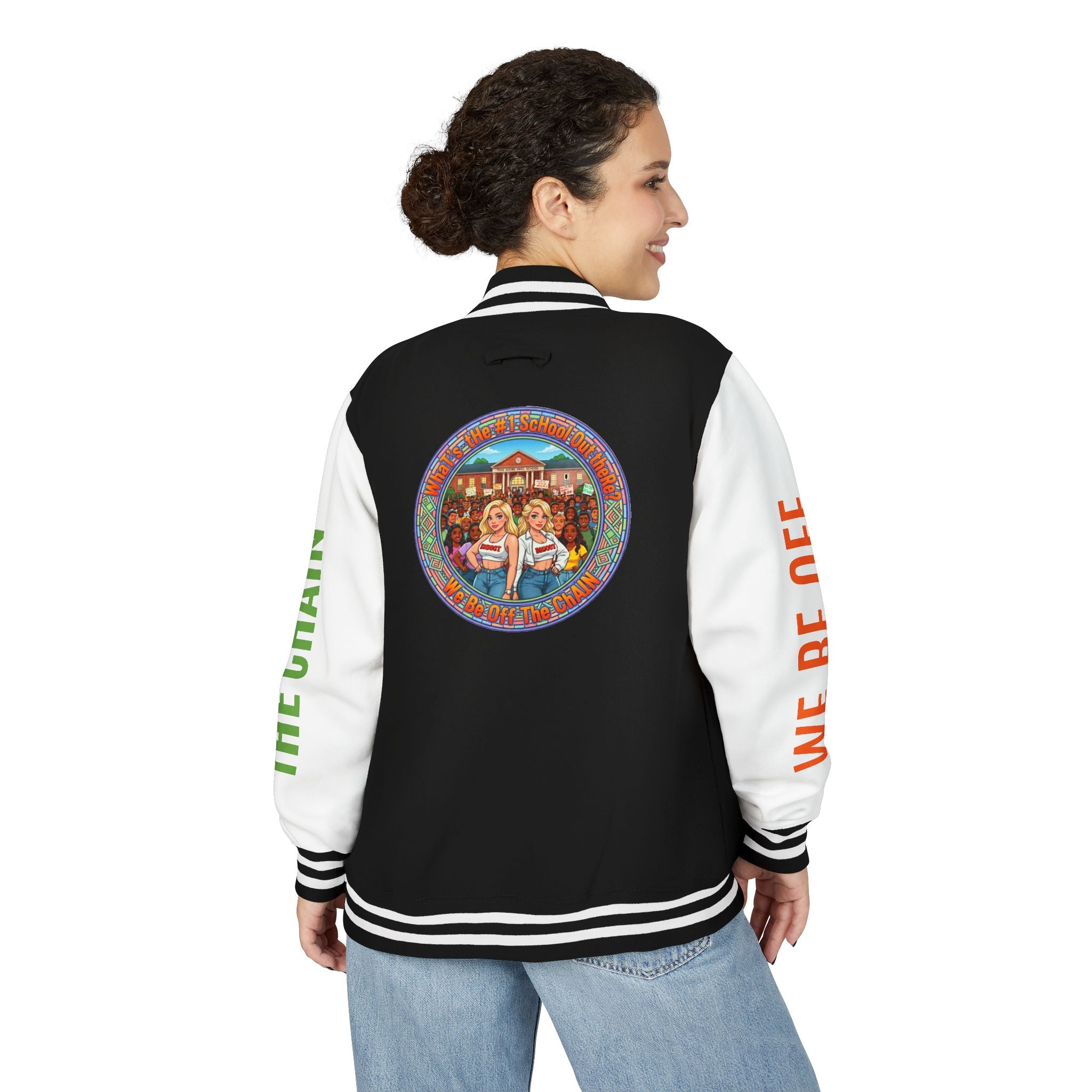 Retro Colorblock Letterman Jacket — 'We Be Off The Chain' Sleeve Print