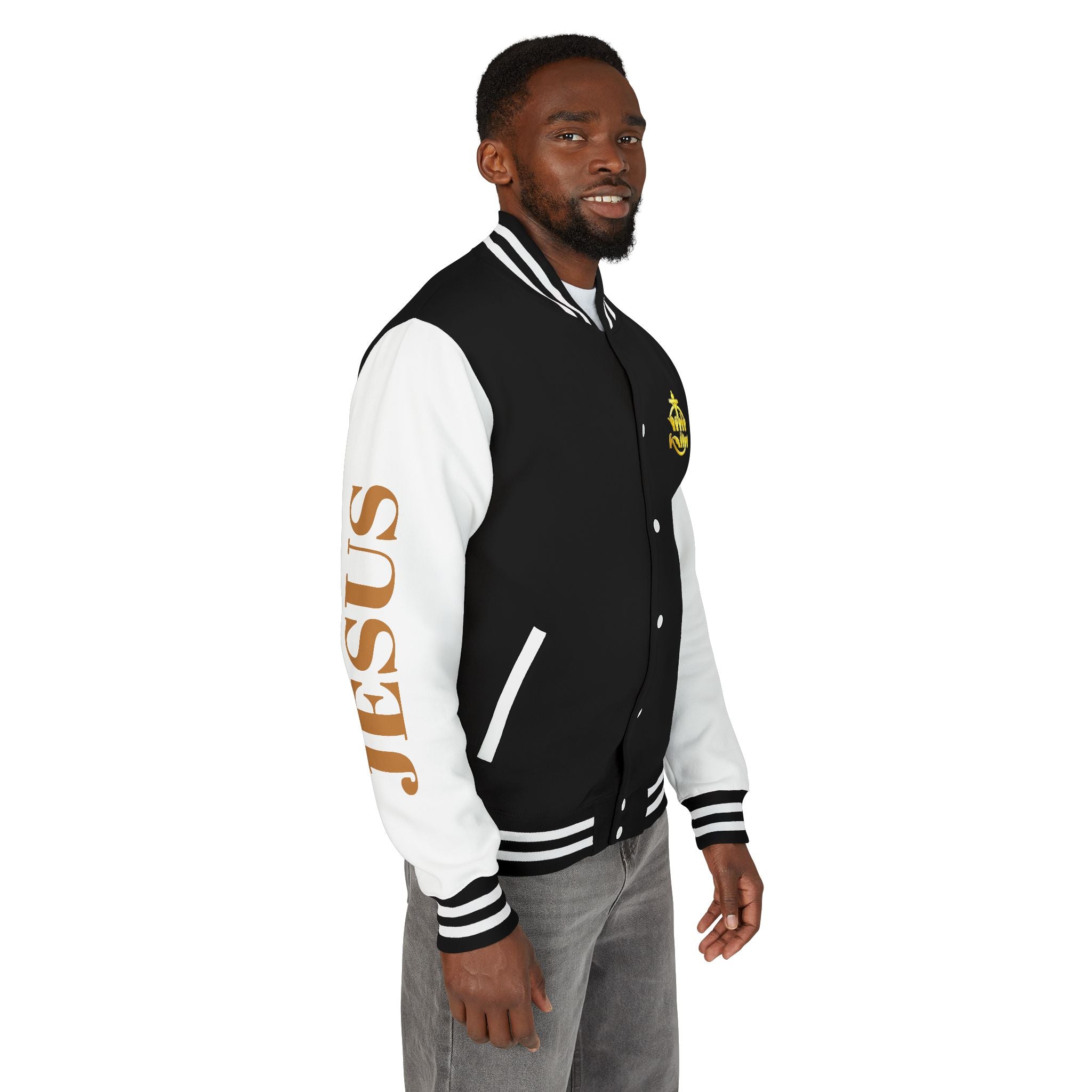 "Sign language Jesus Christ "     Christian Crown Letterman Jacket - 'Jesus Christ' Sleeve Varsity Jacket