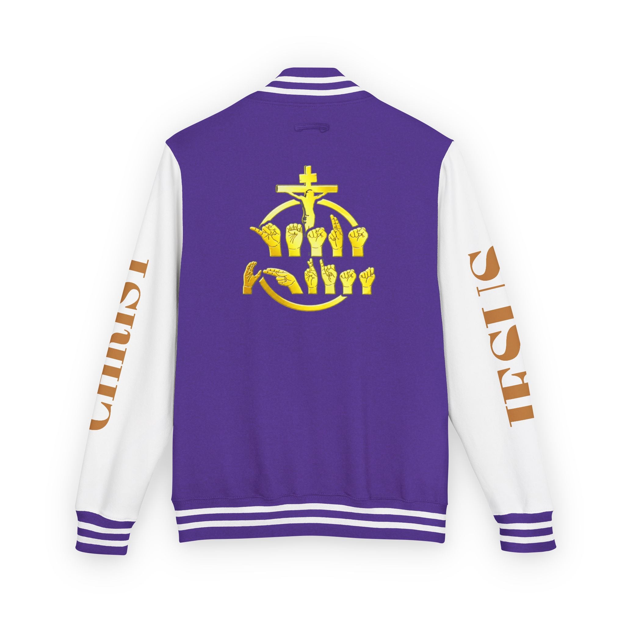 "Sign language Jesus Christ "     Christian Crown Letterman Jacket - 'Jesus Christ' Sleeve Varsity Jacket