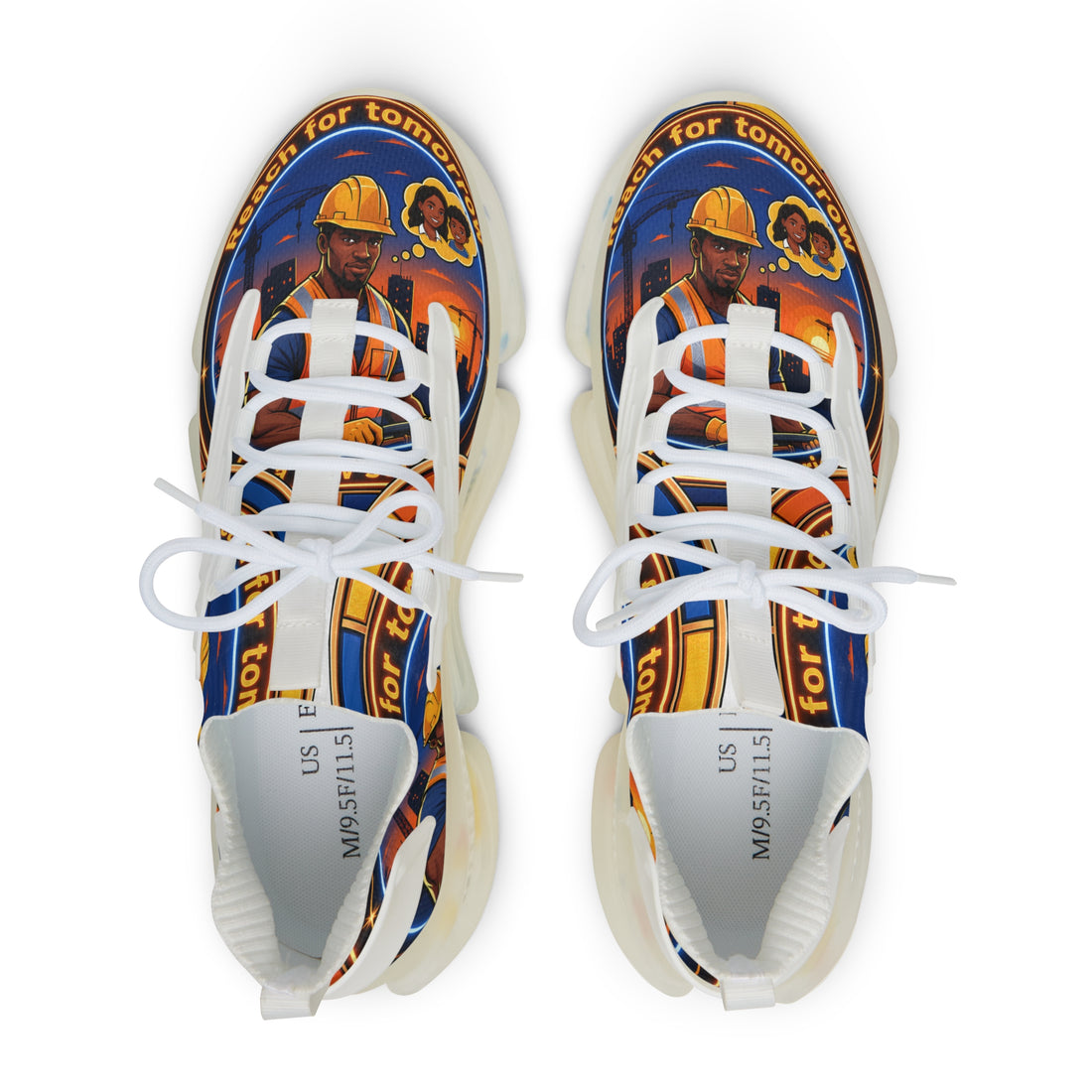 Men's Construction Worker Mesh Sneakers — 'Reach for Tomorrow' Graphic Athletic Shoes