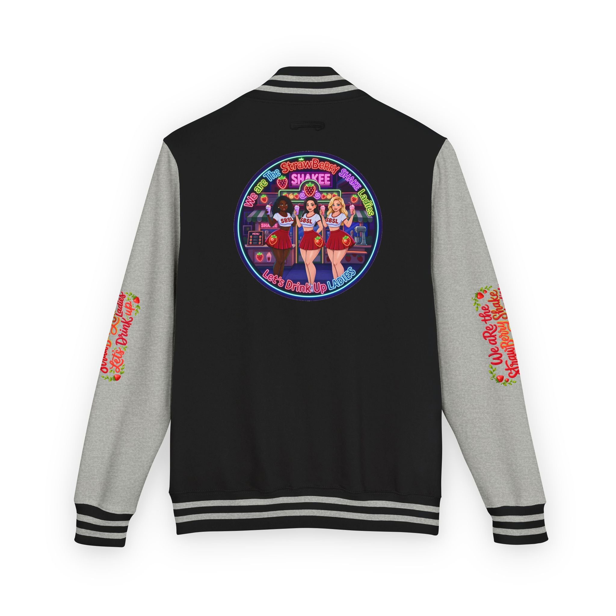 Letterman Jacket —" We Are The Strawberry Shake Ladies " Retro Shakee Cheer Graphic