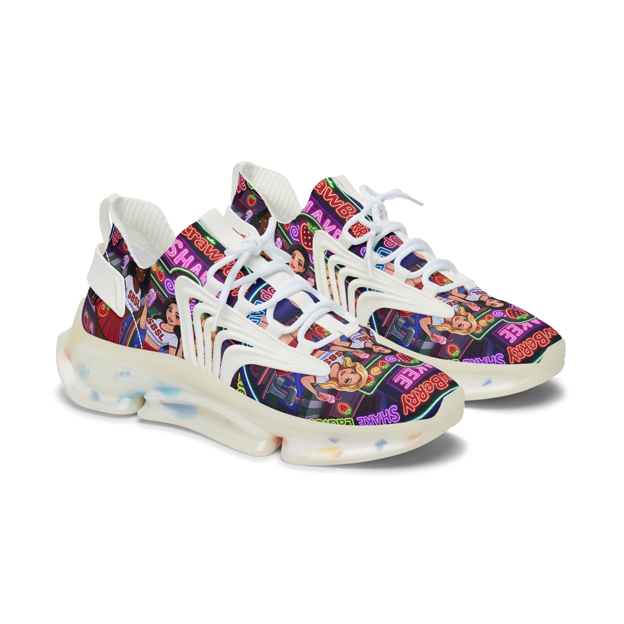 Women’s Mesh Sneakers  " Strawberry Shake "— Colorful Retro Dance Crew Graphic