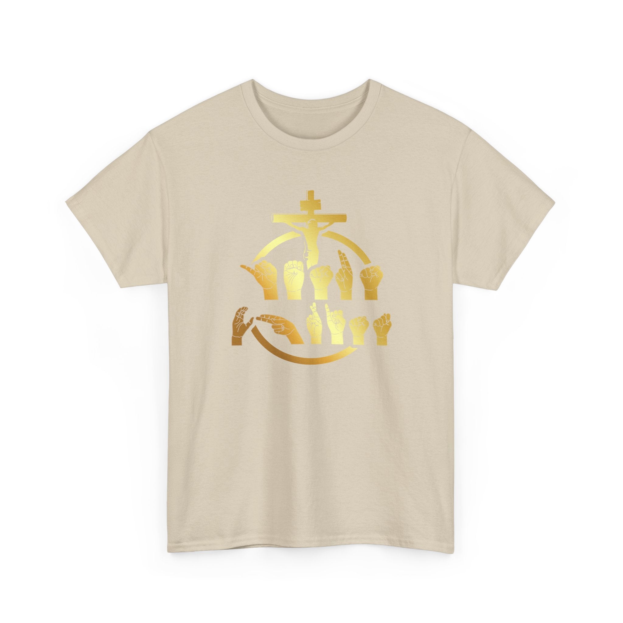 Christian Cross & Praying Hands T-Shirt — Gold Faith Design