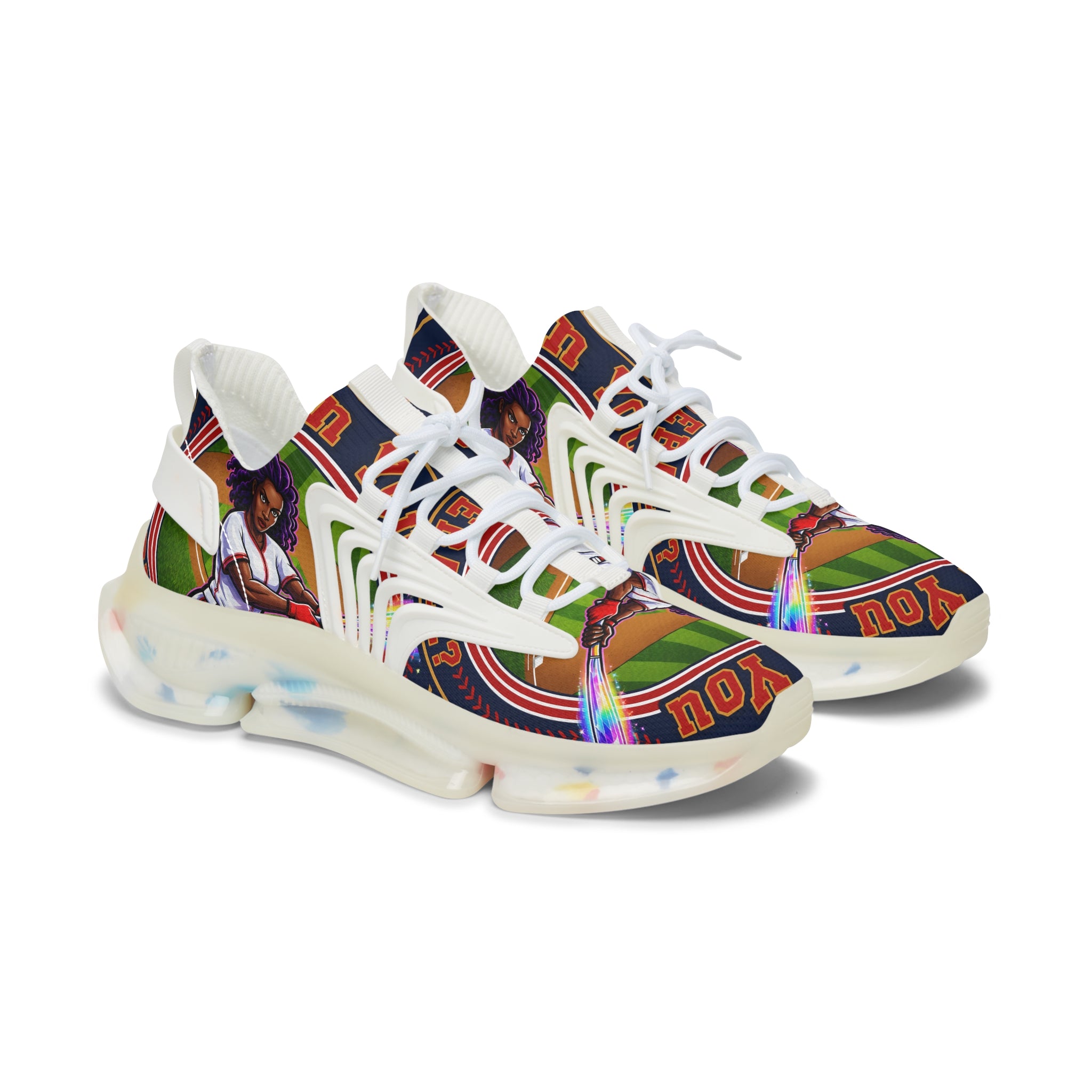 Women's Mesh Sneakers — " Can You Play Baseball "Vibrant Afrocentric Athletic Shoes with 'I Can You' Graphic