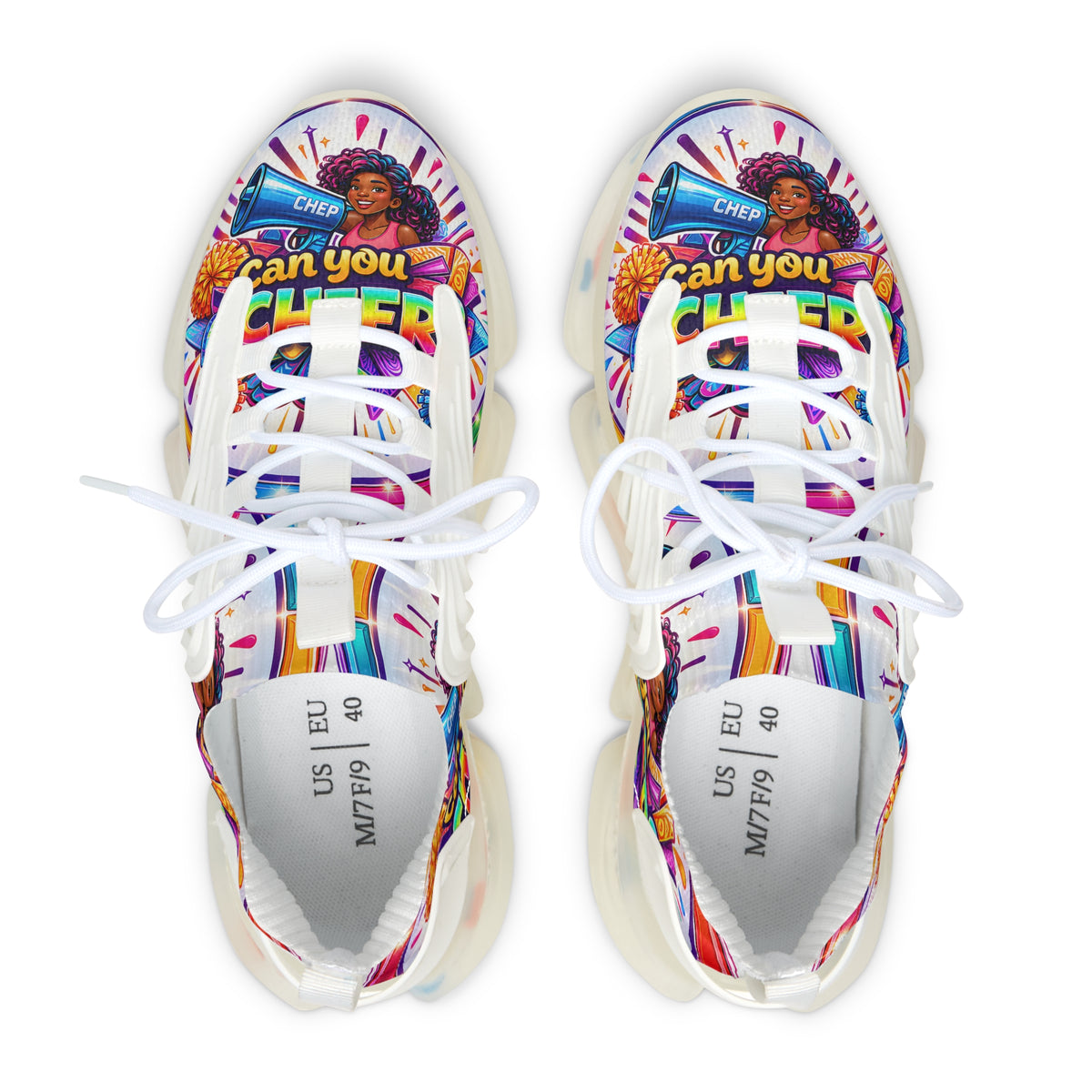 Women's Cheerleader Graphic Mesh Sneakers — "Can You Cheer?" Colorful Athletic Shoes
