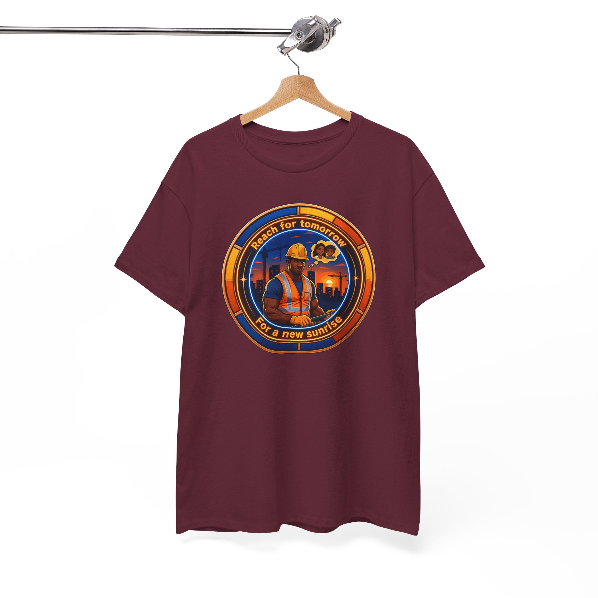 Construction Worker Sunset Tee — “Reach for Tomorrow ” Safety Crew T-Shirt