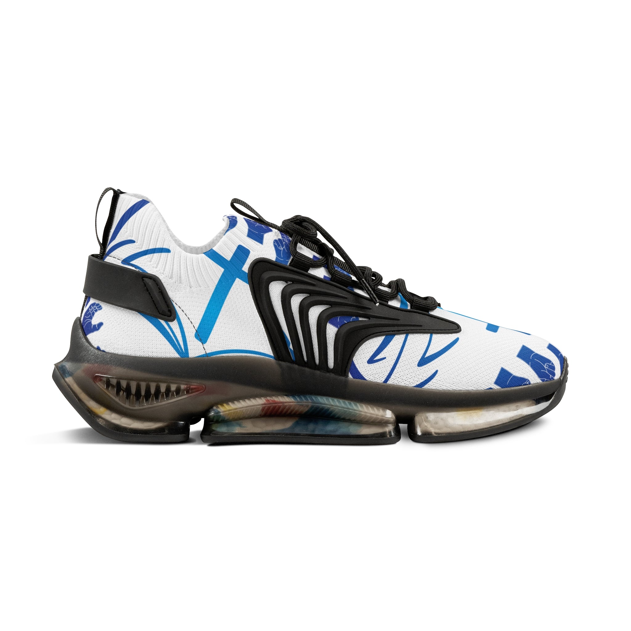 Men's White Athletic Sneakers with Blue Cross Graphic —"Sign Language Jesus Christ "Lightweight Mesh Running Shoes