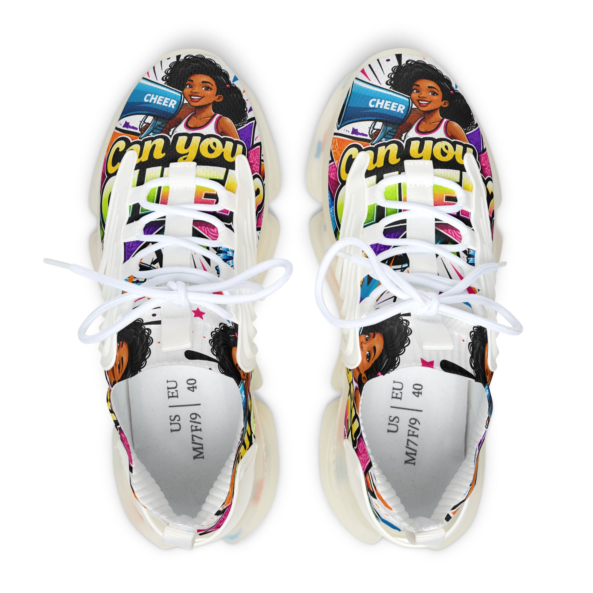 Women's Mesh Sneakers — Colorful Pop Art 'Can You Cheer?' Graphic Athletic Shoes