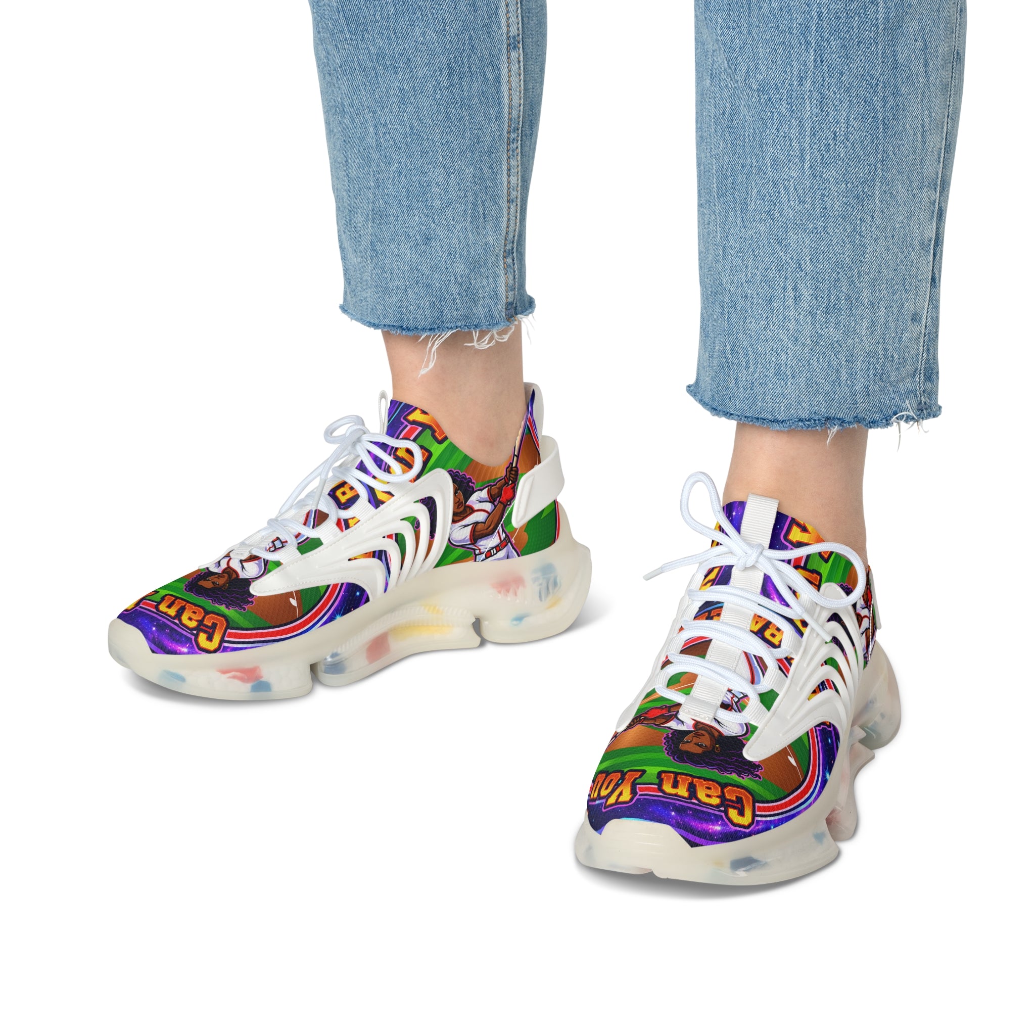Retro Vibrant "Can You PlayBaseball" Women's Mesh Sneakers — Colorful Graphic Athletic Shoes