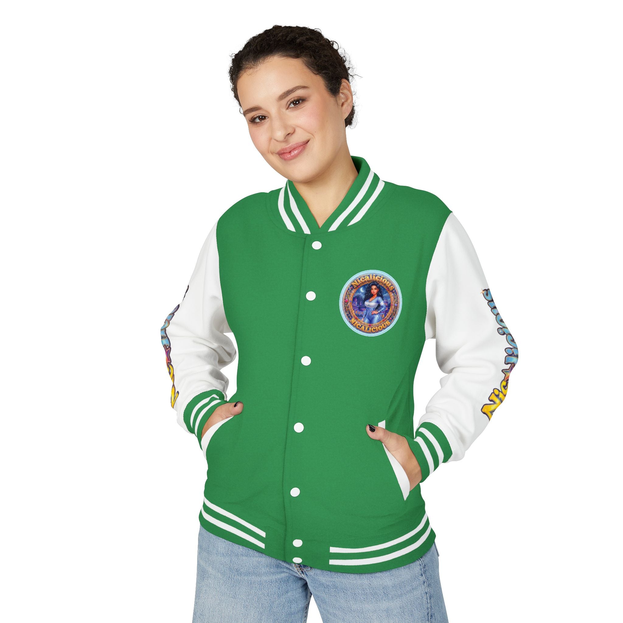 Letterman Jacket — 'Nicalicious' Graphic Varsity Jacket with Retro Badge