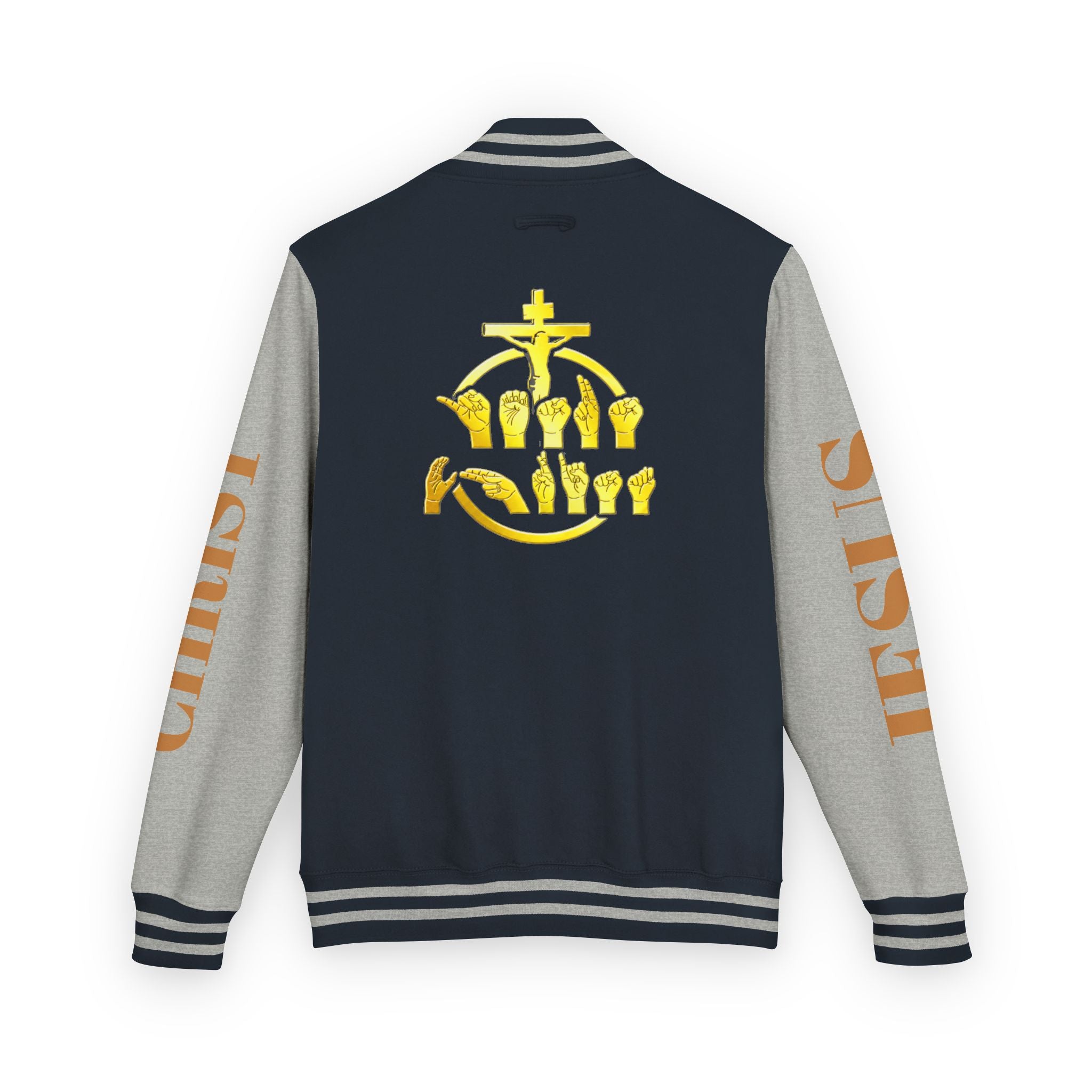 "Sign language Jesus Christ "     Christian Crown Letterman Jacket - 'Jesus Christ' Sleeve Varsity Jacket
