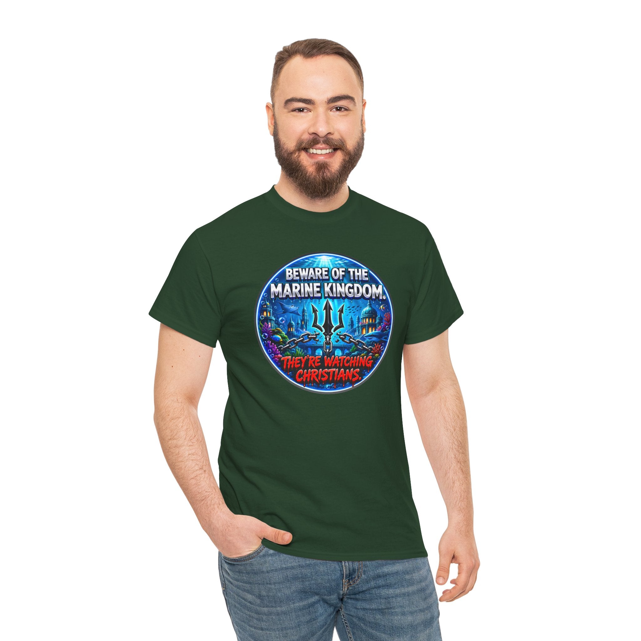 T‑Shirt — "Beware of the Marine Kingdom: They're Watching Christians" Vintage Ocean Graphic
