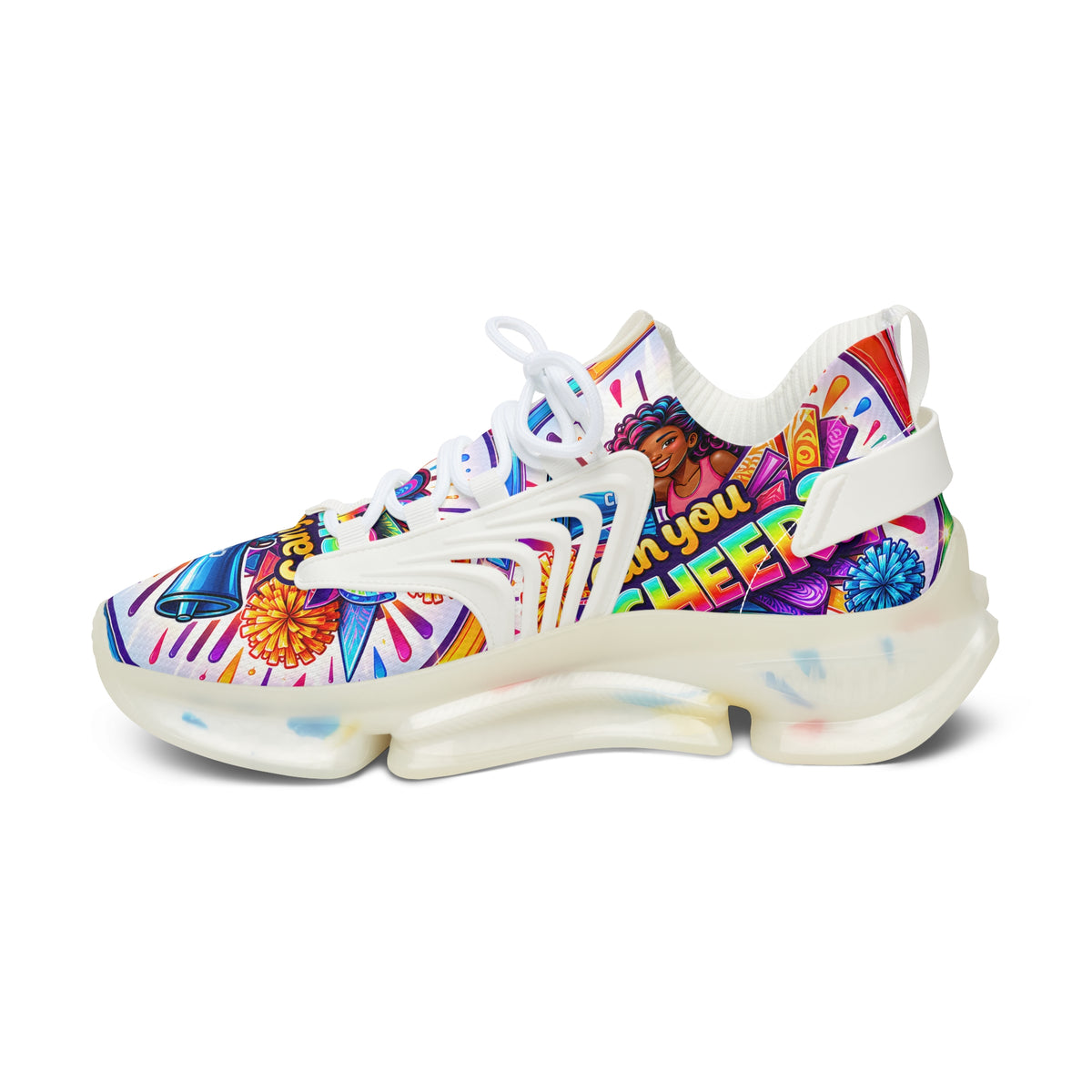 Women's Cheerleader Graphic Mesh Sneakers — "Can You Cheer?" Colorful Athletic Shoes
