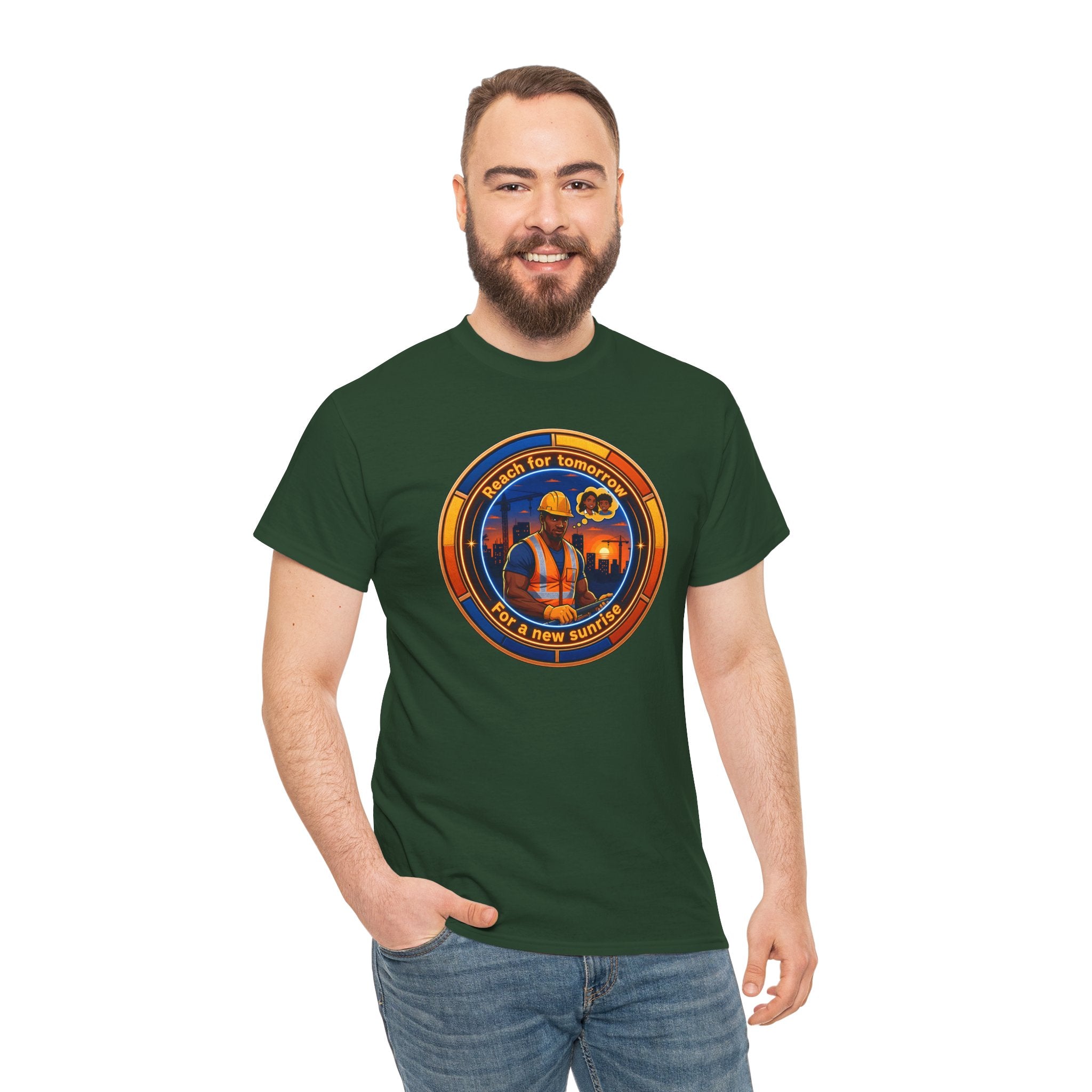 Construction Worker Sunset Tee — “Reach for Tomorrow ” Safety Crew T-Shirt