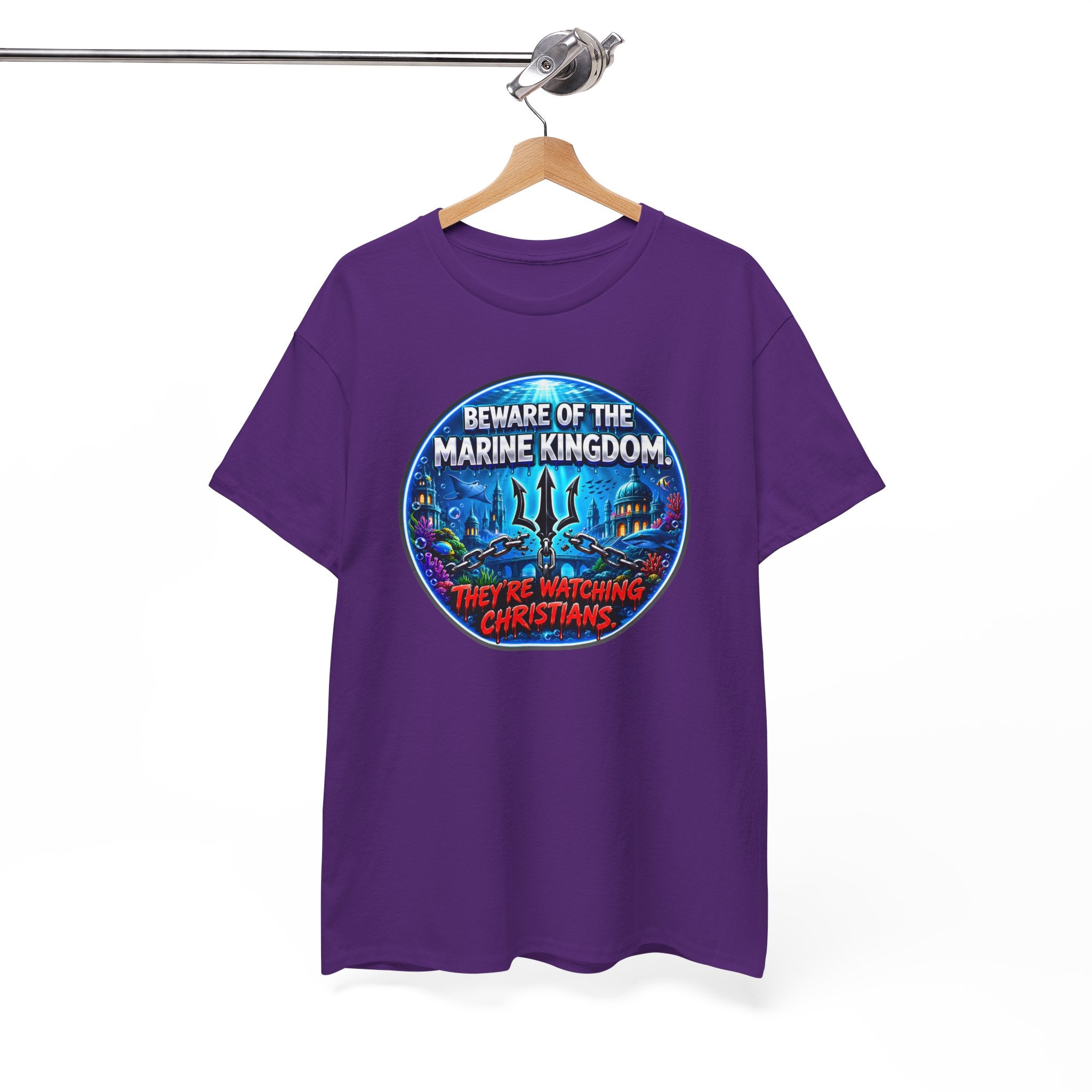 T‑Shirt — "Beware of the Marine Kingdom: They're Watching Christians" Vintage Ocean Graphic