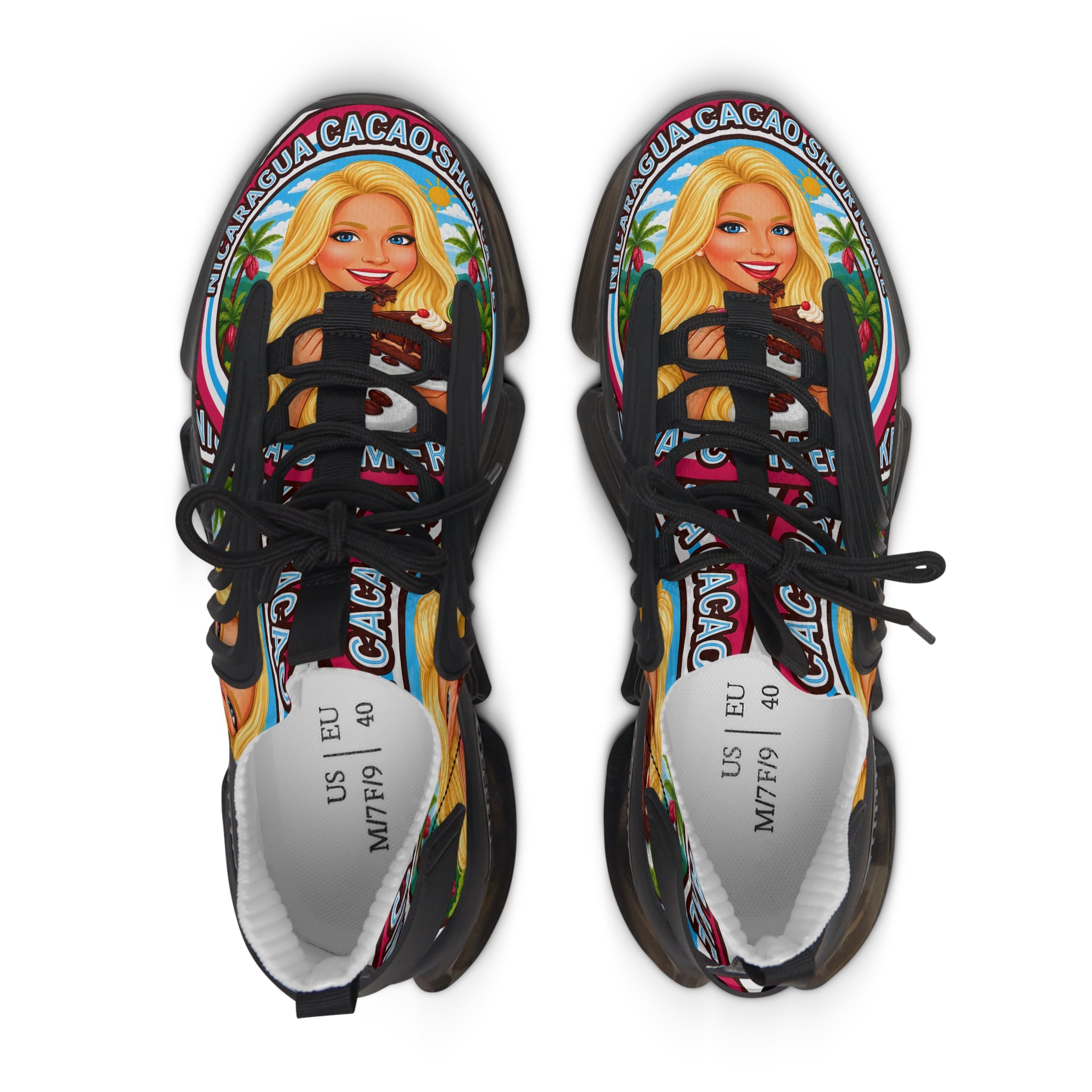Women's Mesh Sneakers —"  Nicaragua Cacao Shortcake "Colorful Retro Barbie-Inspired Graphic Trainers