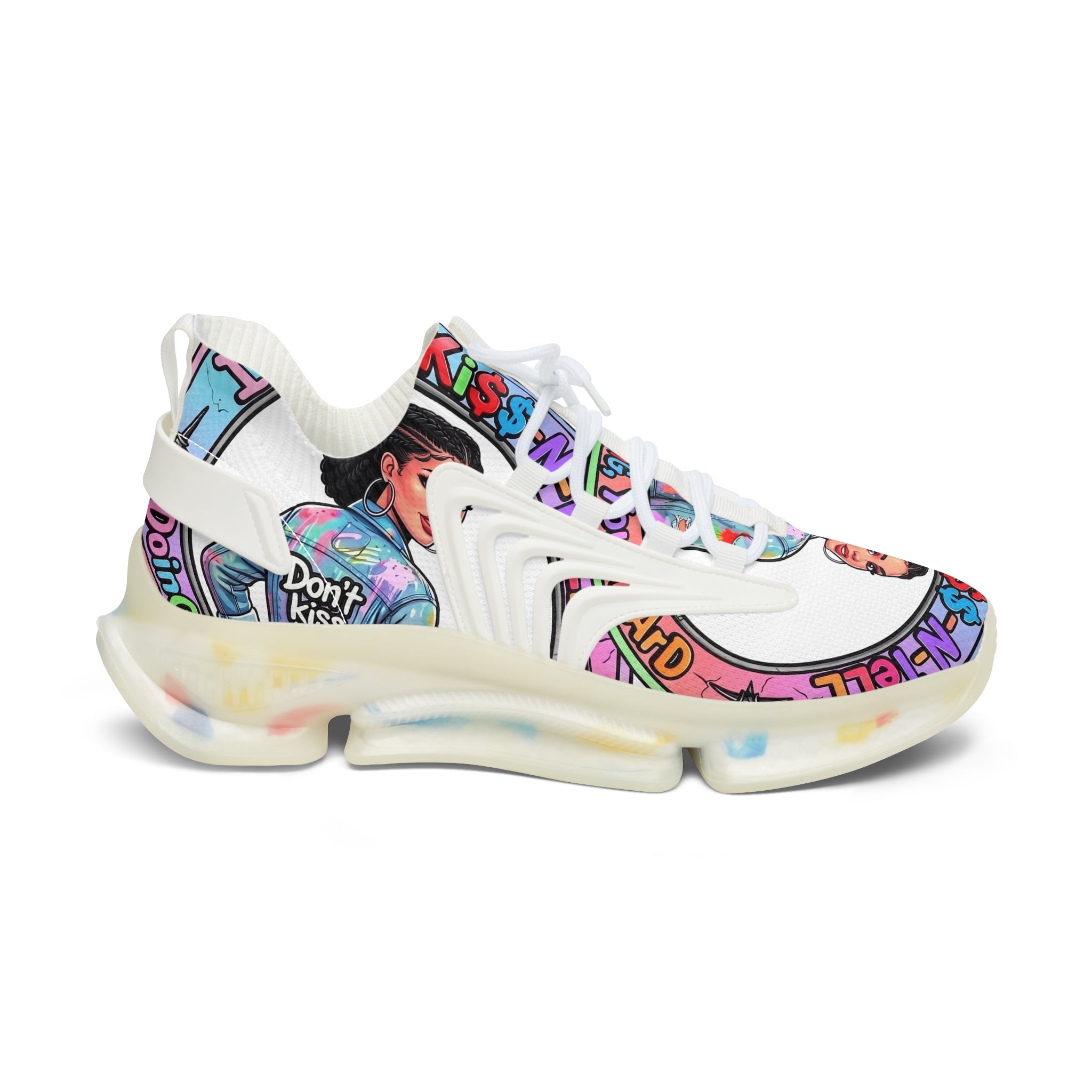 Women’s Mesh Sneakers — " I Don't kiss-N Tell"Colorful Retro Pop Art Design