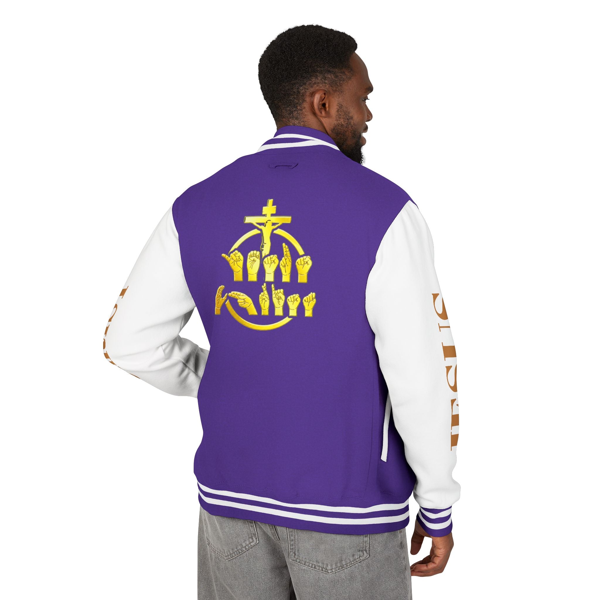 "Sign language Jesus Christ "     Christian Crown Letterman Jacket - 'Jesus Christ' Sleeve Varsity Jacket