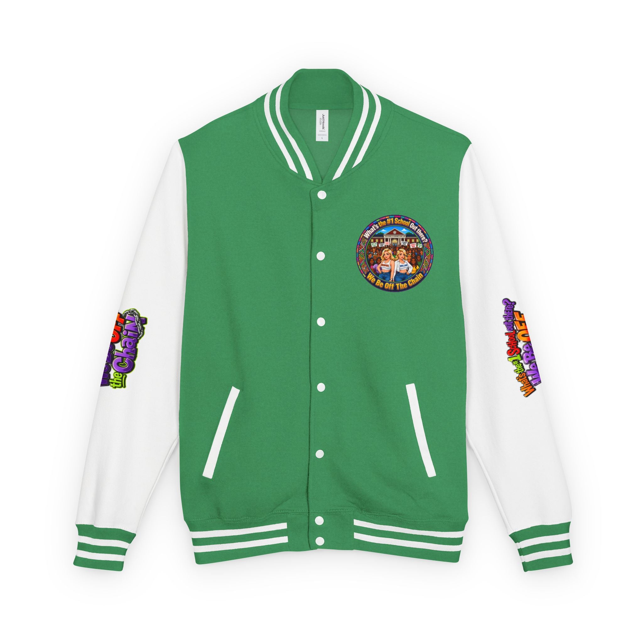 Letterman Jacket — Colorful School Spirit "We Be Off The Chain" Varsity Jacket