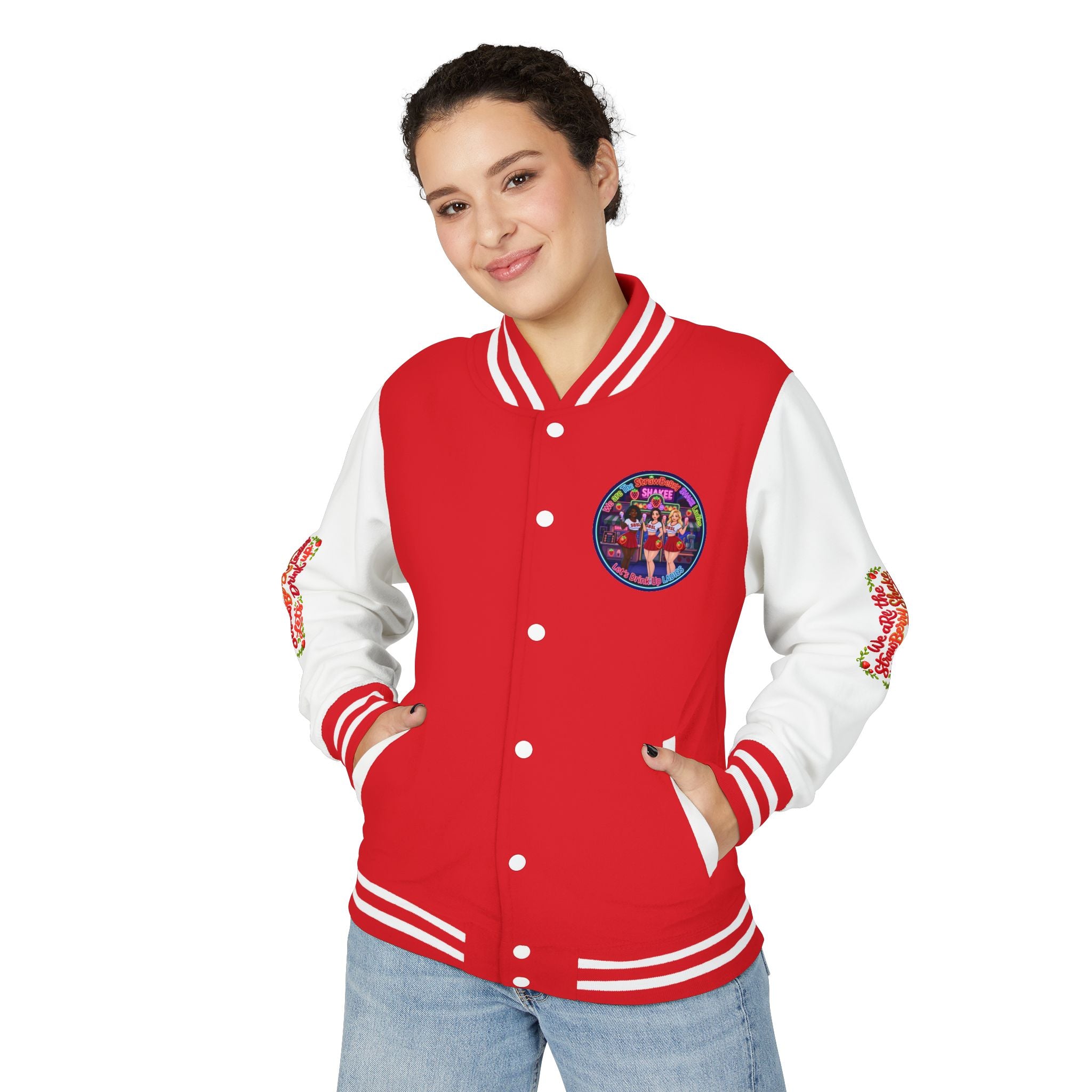 Letterman Jacket —" We Are The Strawberry Shake Ladies " Retro Shakee Cheer Graphic