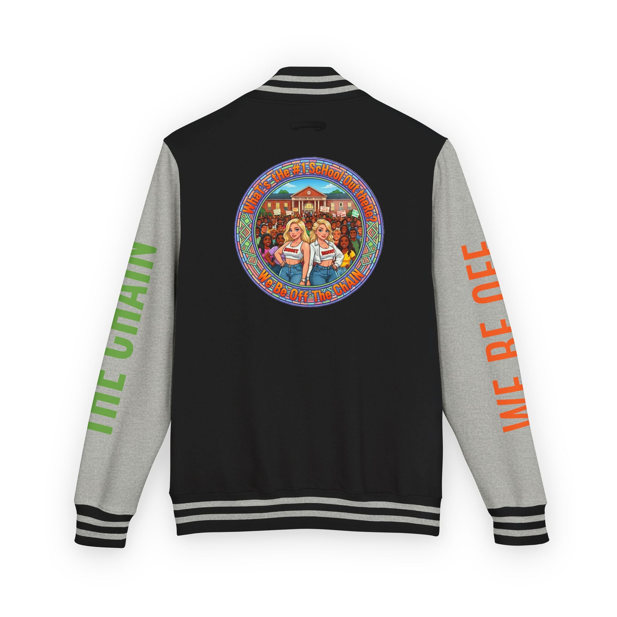 Retro Colorblock Letterman Jacket — 'We Be Off The Chain' Sleeve Print