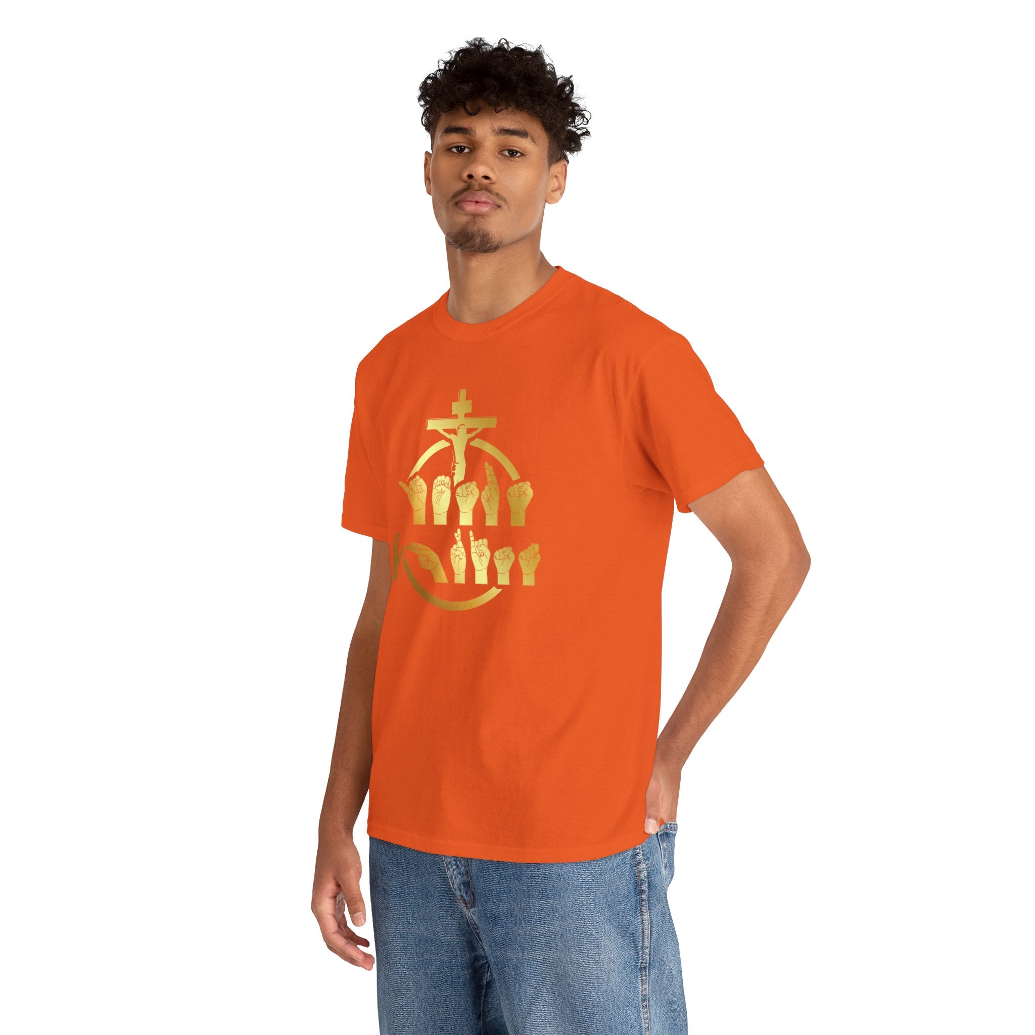 Christian Cross & Praying Hands T-Shirt — Gold Faith Design