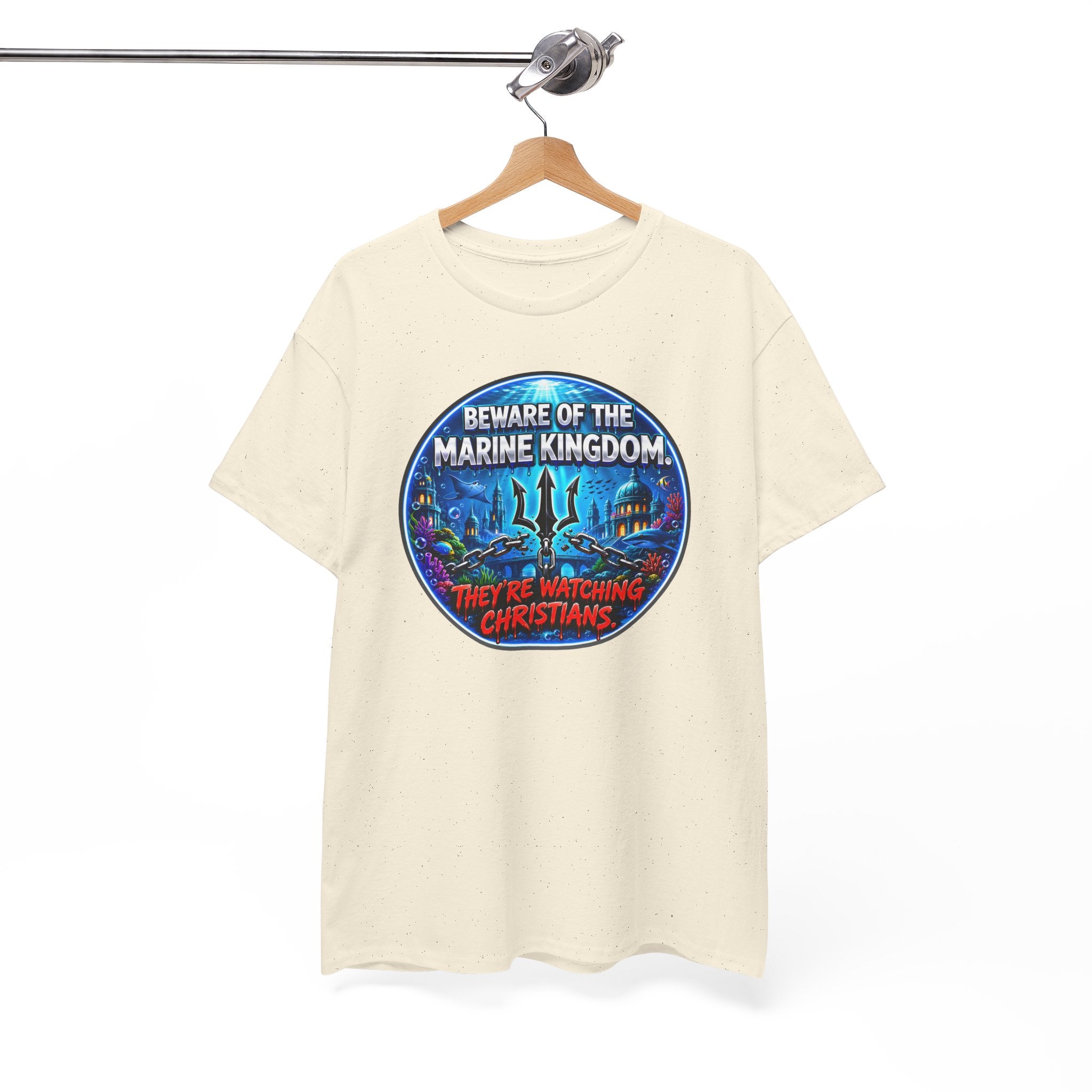 T‑Shirt — "Beware of the Marine Kingdom: They're Watching Christians" Vintage Ocean Graphic
