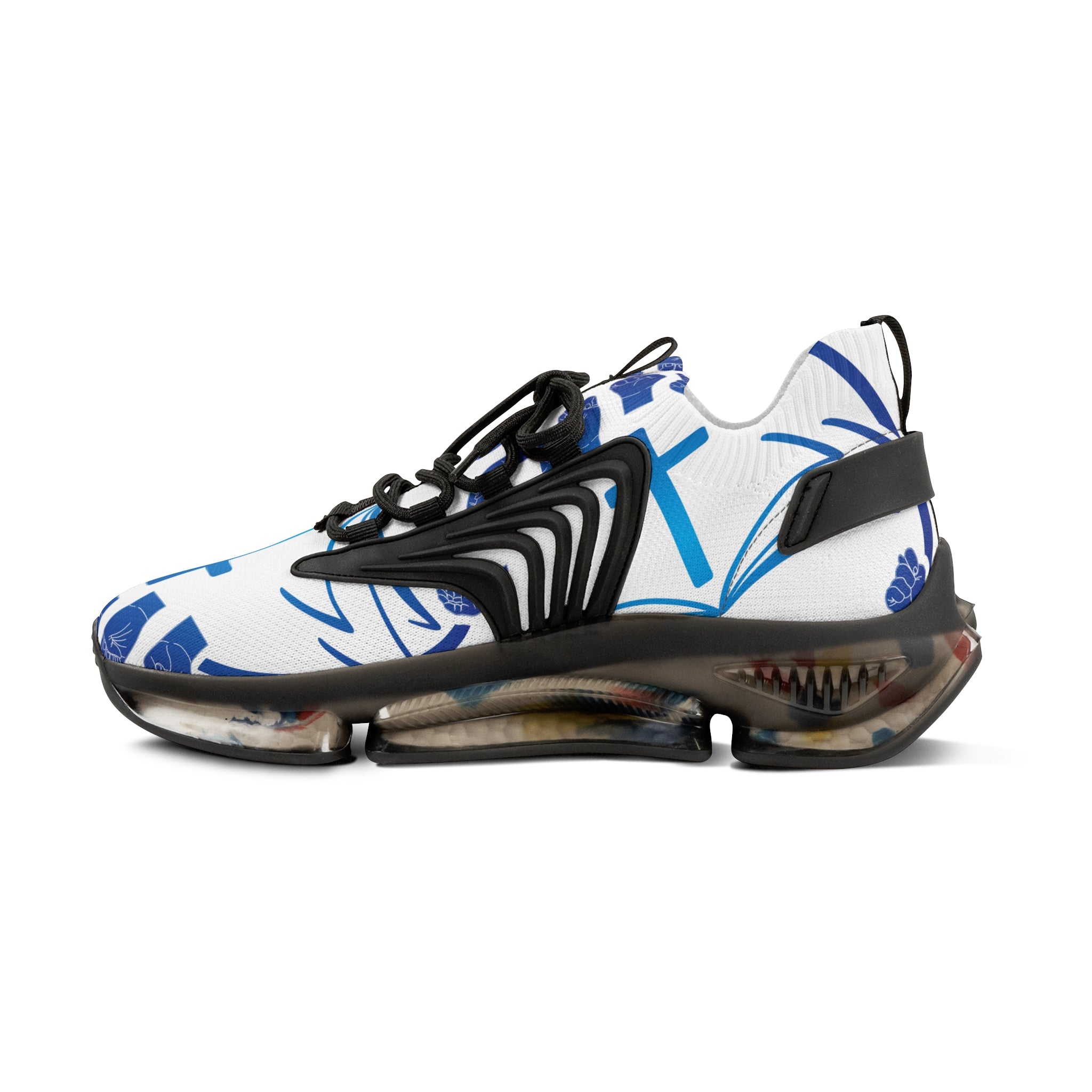 Men's White Athletic Sneakers with Blue Cross Graphic —"Sign Language Jesus Christ "Lightweight Mesh Running Shoes