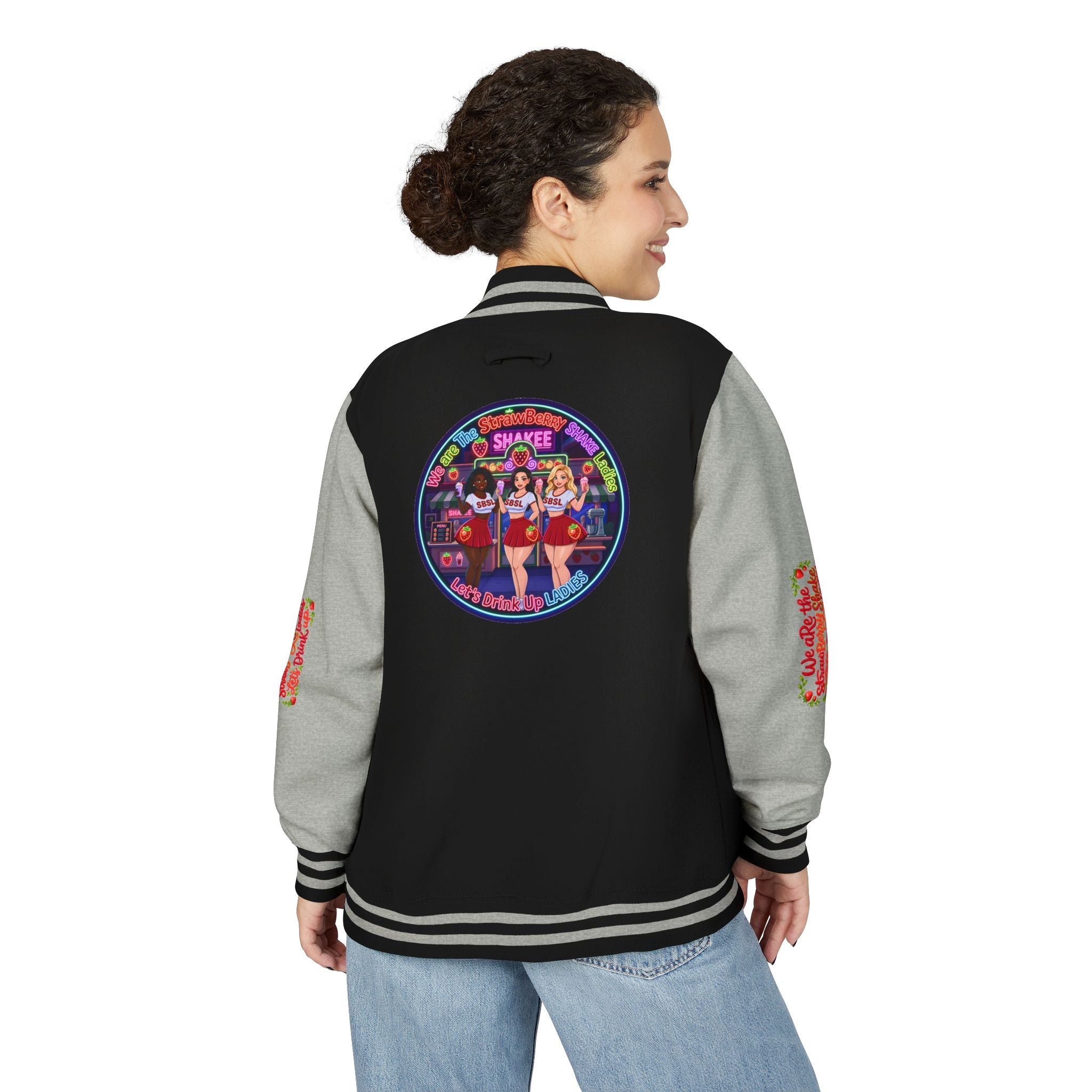 Letterman Jacket —" We Are The Strawberry Shake Ladies " Retro Shakee Cheer Graphic