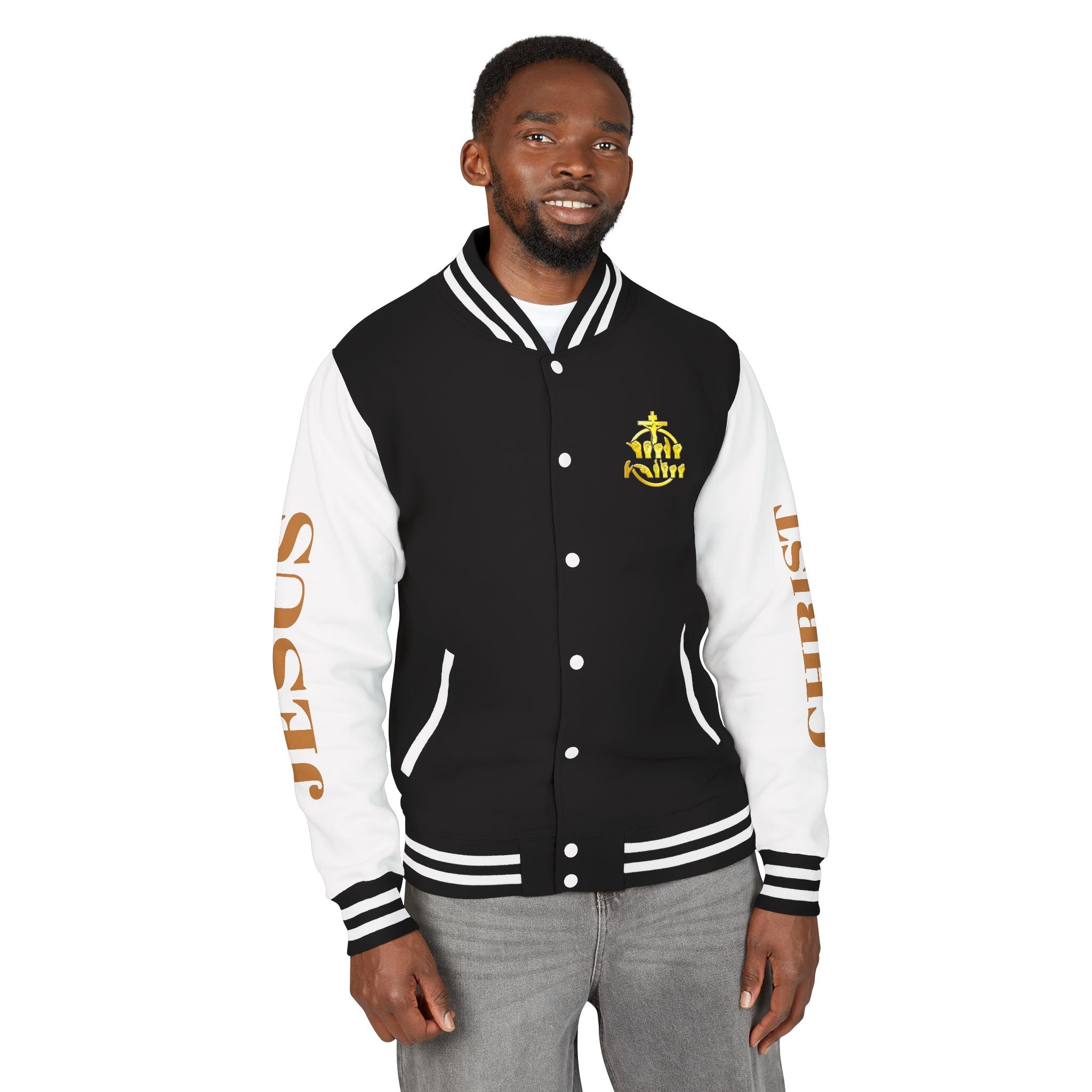 "Sign language Jesus Christ "     Christian Crown Letterman Jacket - 'Jesus Christ' Sleeve Varsity Jacket