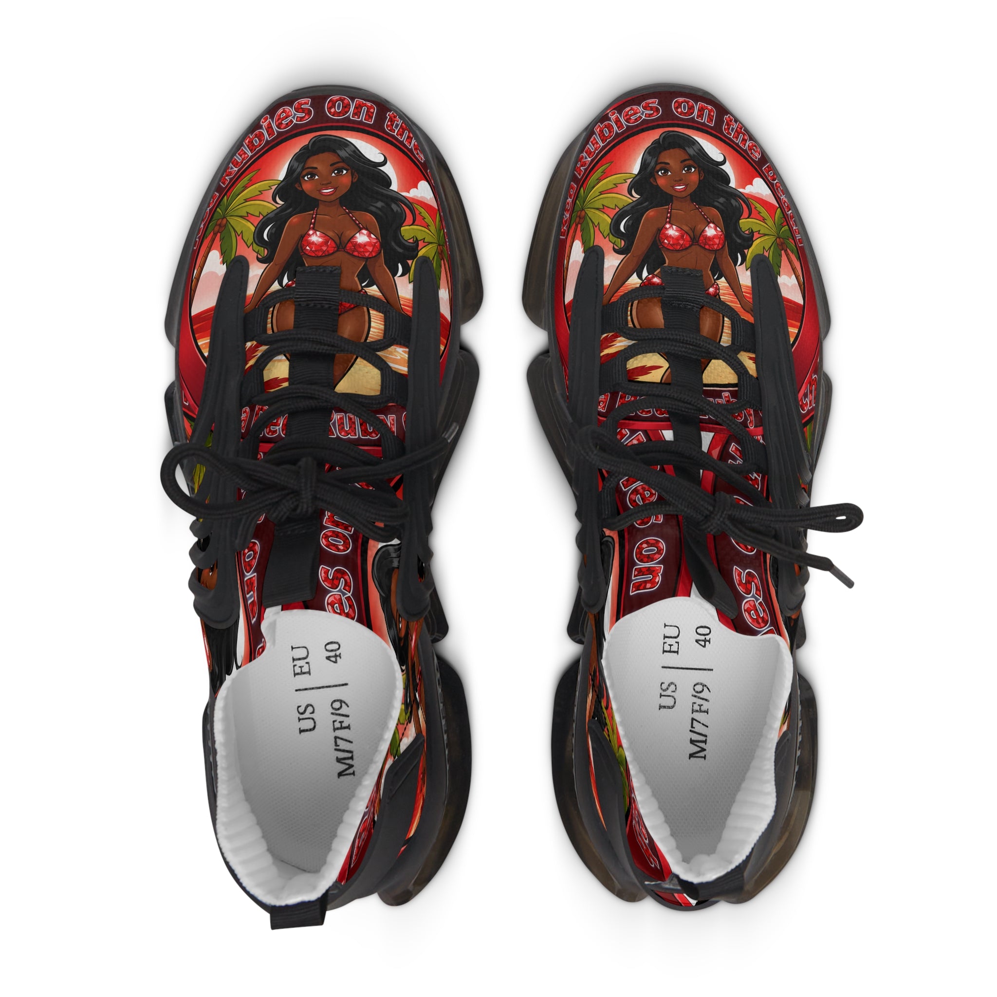 Women’s Mesh Sneakers —"Red Rubies On The Beach" Tropical Pinup Graphic Athletic Shoes