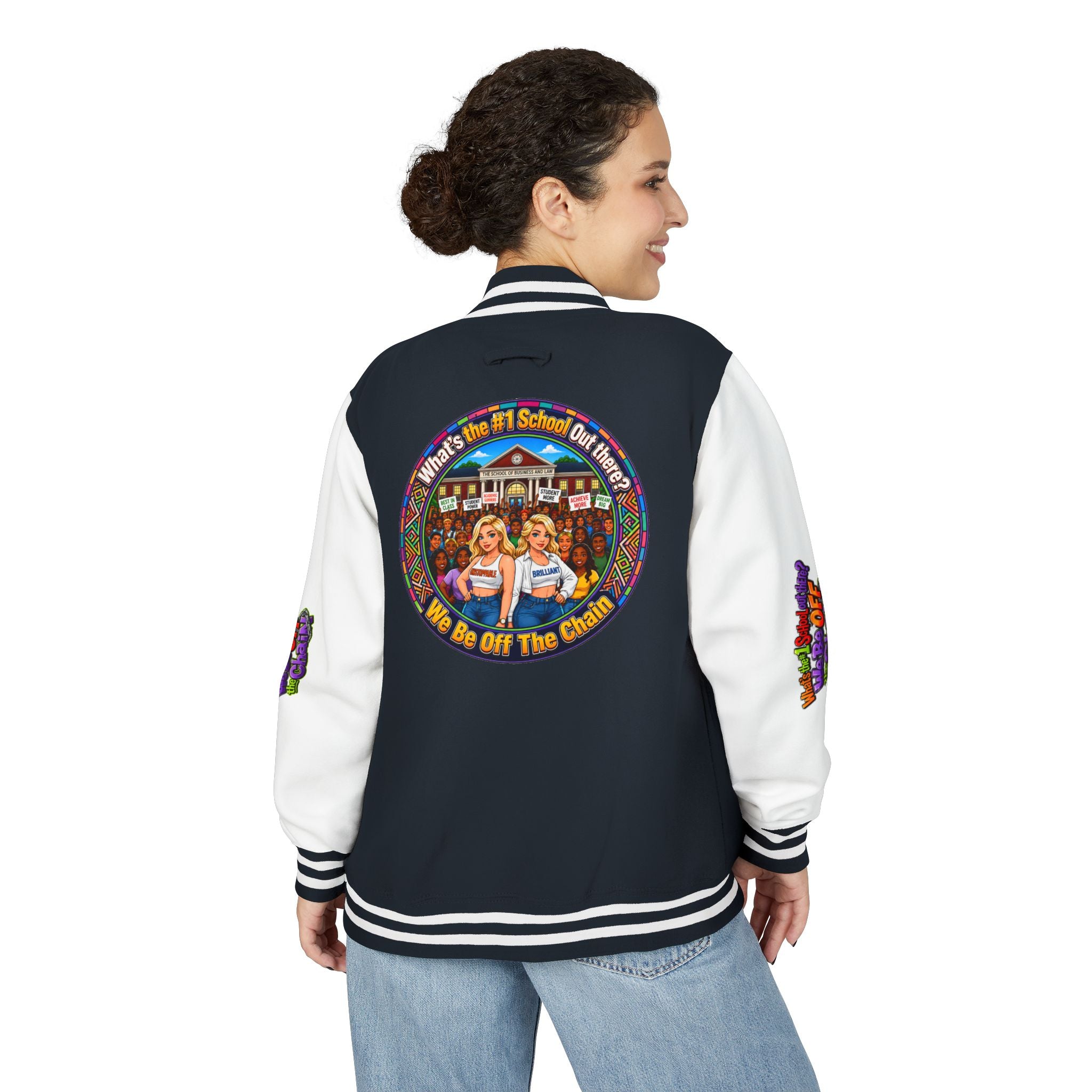Letterman Jacket — Colorful School Spirit "We Be Off The Chain" Varsity Jacket