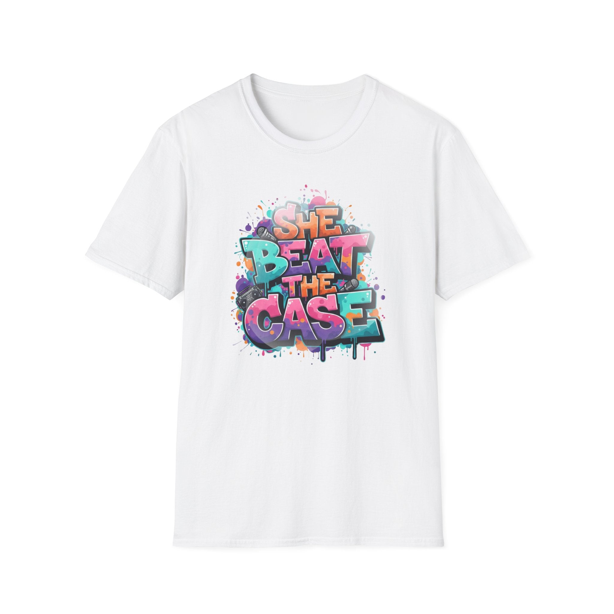She Beat the Case Graphic T-Shirt — Colorful Graffiti Survivor Tee