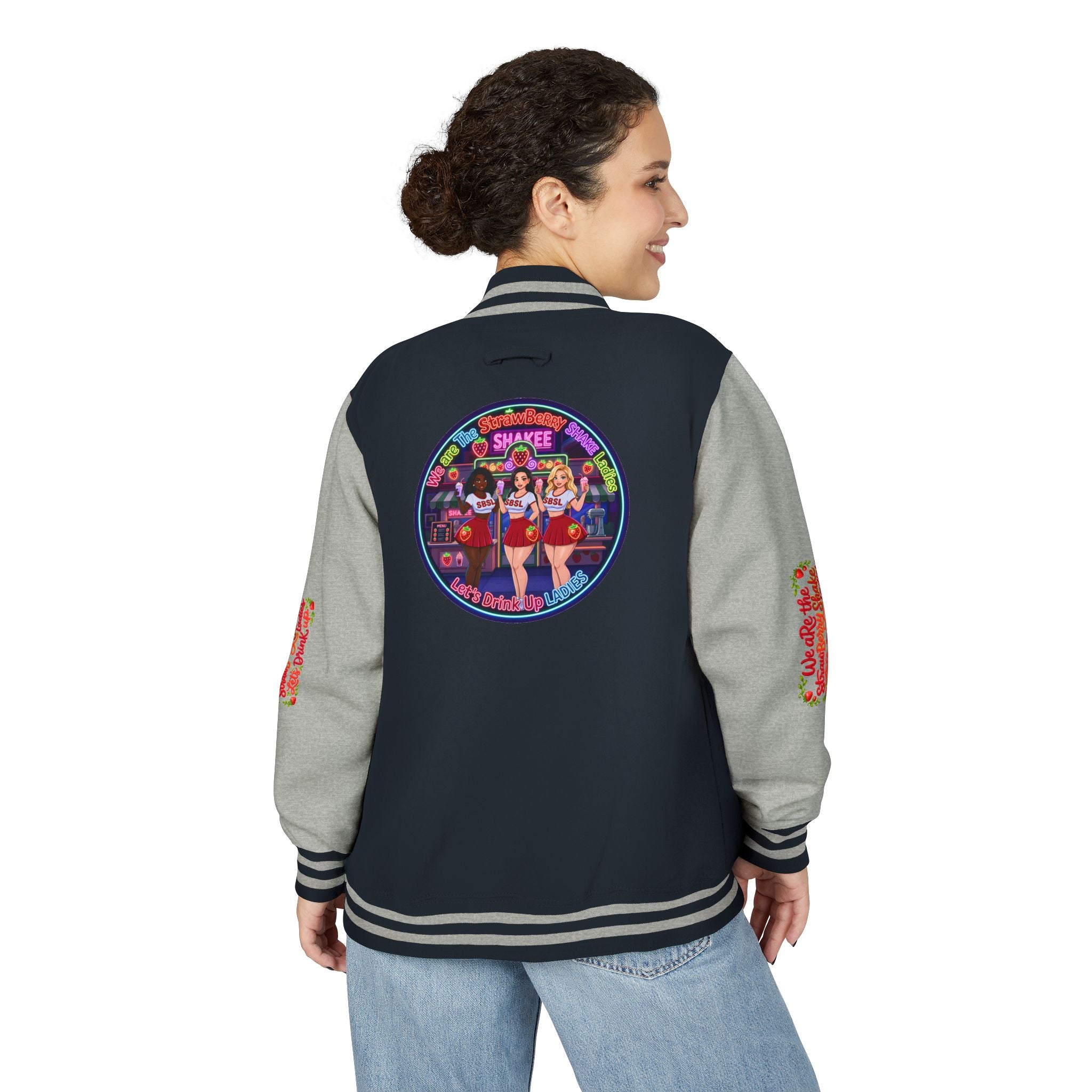 Letterman Jacket —" We Are The Strawberry Shake Ladies " Retro Shakee Cheer Graphic